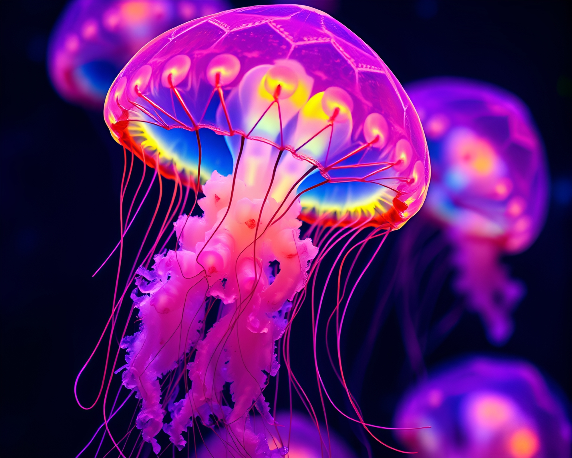 Luminescent Jellyfish Swarm in Galvanizing Cubism Style – free AI stock image
