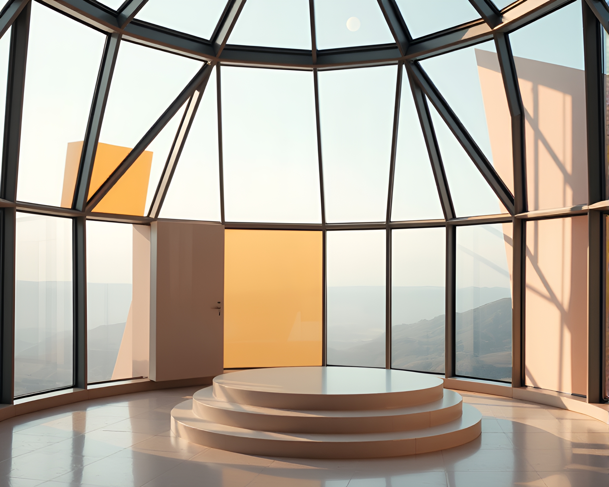 Cubist-Inspired Glass Observatory: A Serene Geometry Haven – free AI stock image