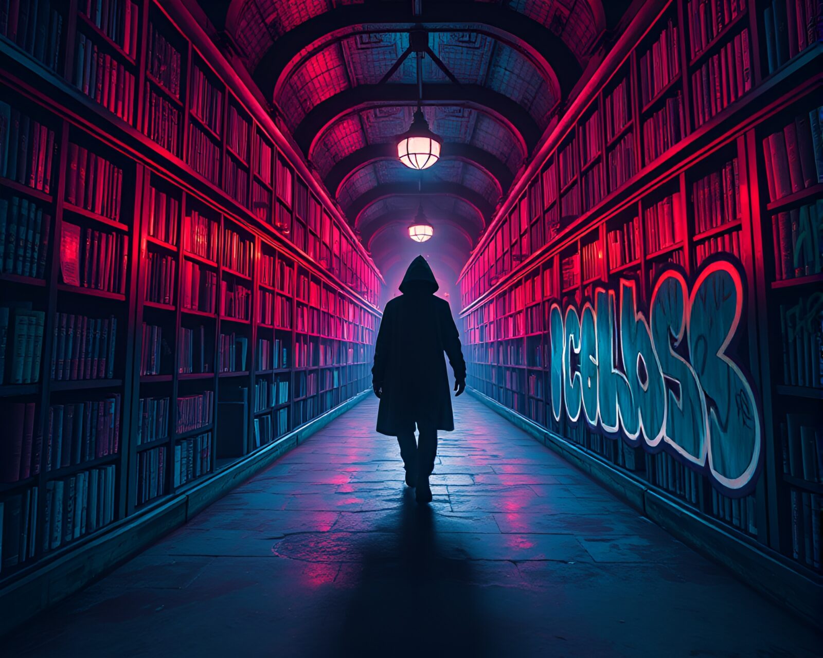 Mysterious person navigating through neon graffiti library maze