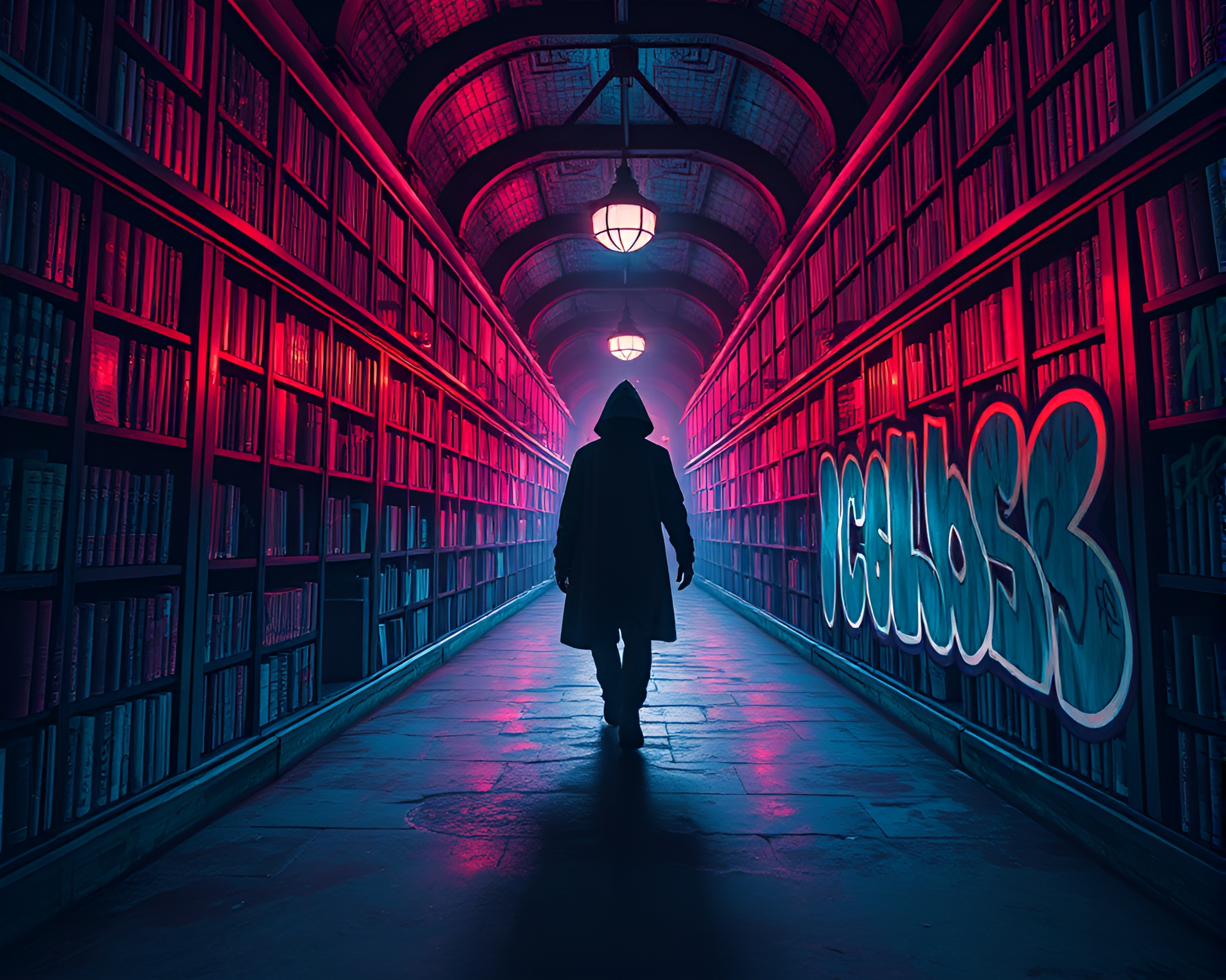 Enigmatic Figure in Neon-Lit Library Labyrinth – free AI stock image