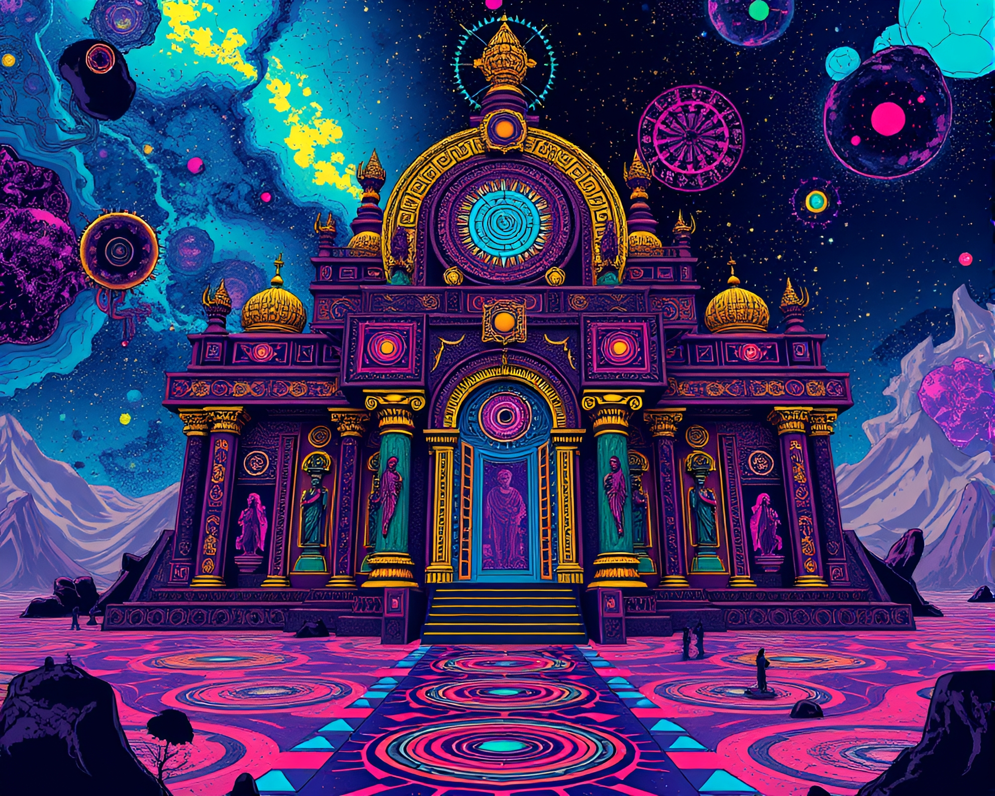 Vibrant Cosmic Temple in Abstract Pop Art Style – free AI stock image