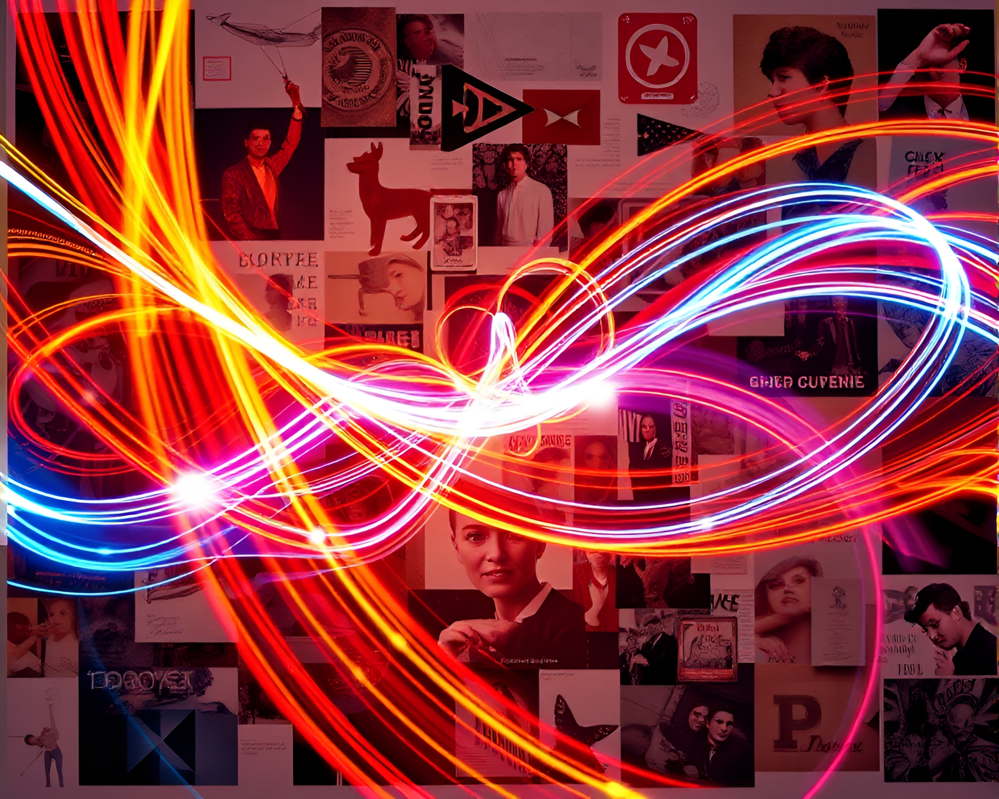 Vibrant Kinetic Light Trails Intertwining with Static Collage – free AI stock image