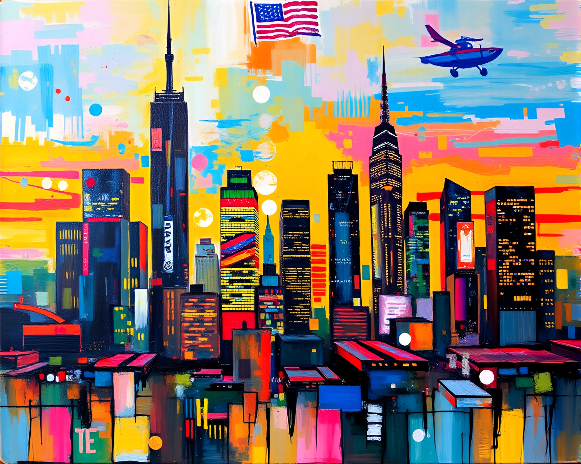 Vibrant Abstract Urban Skyline Painting in Acrylic Colors – free AI stock image