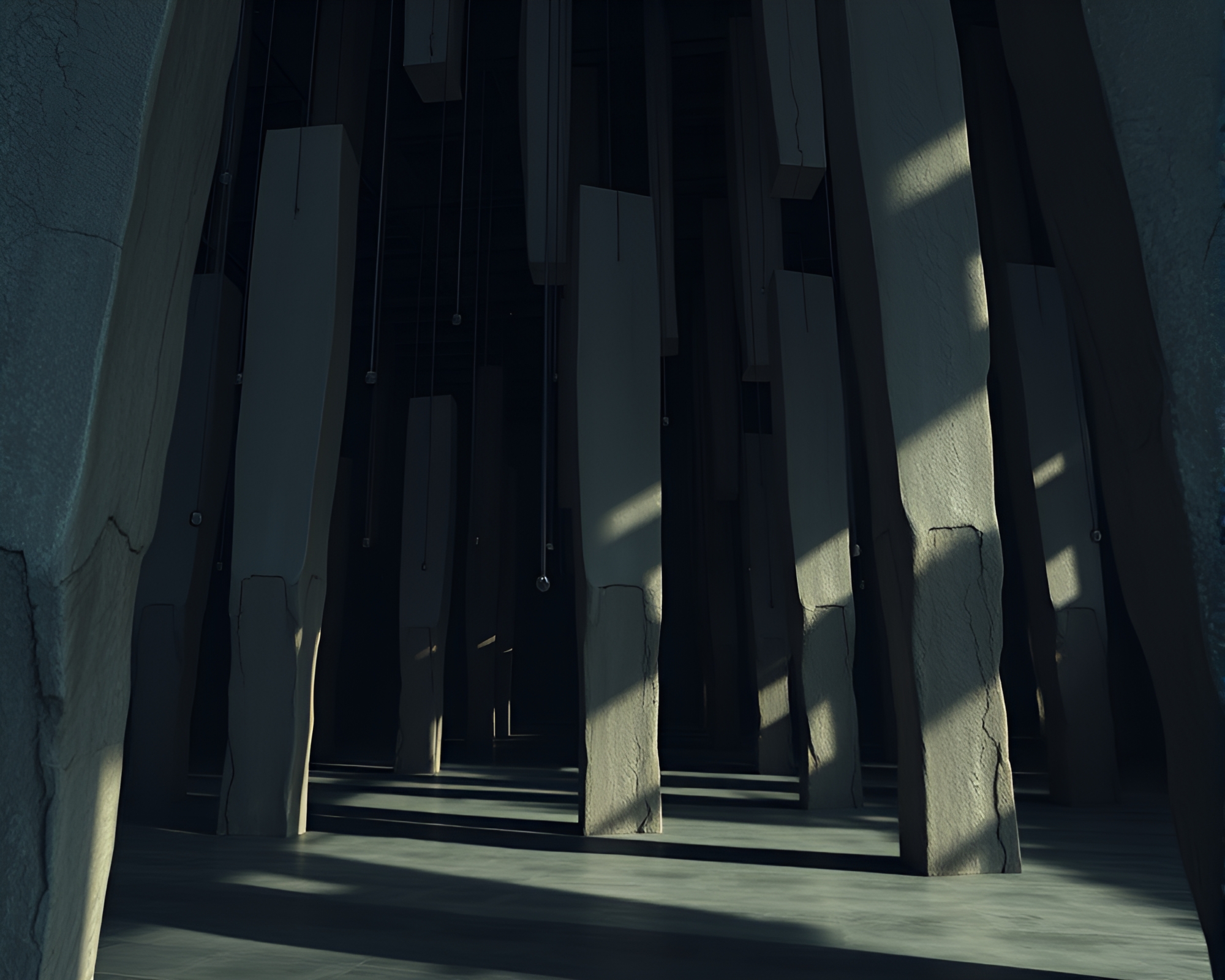Ethereal art installation with suspended monolithic pillars – free AI stock image