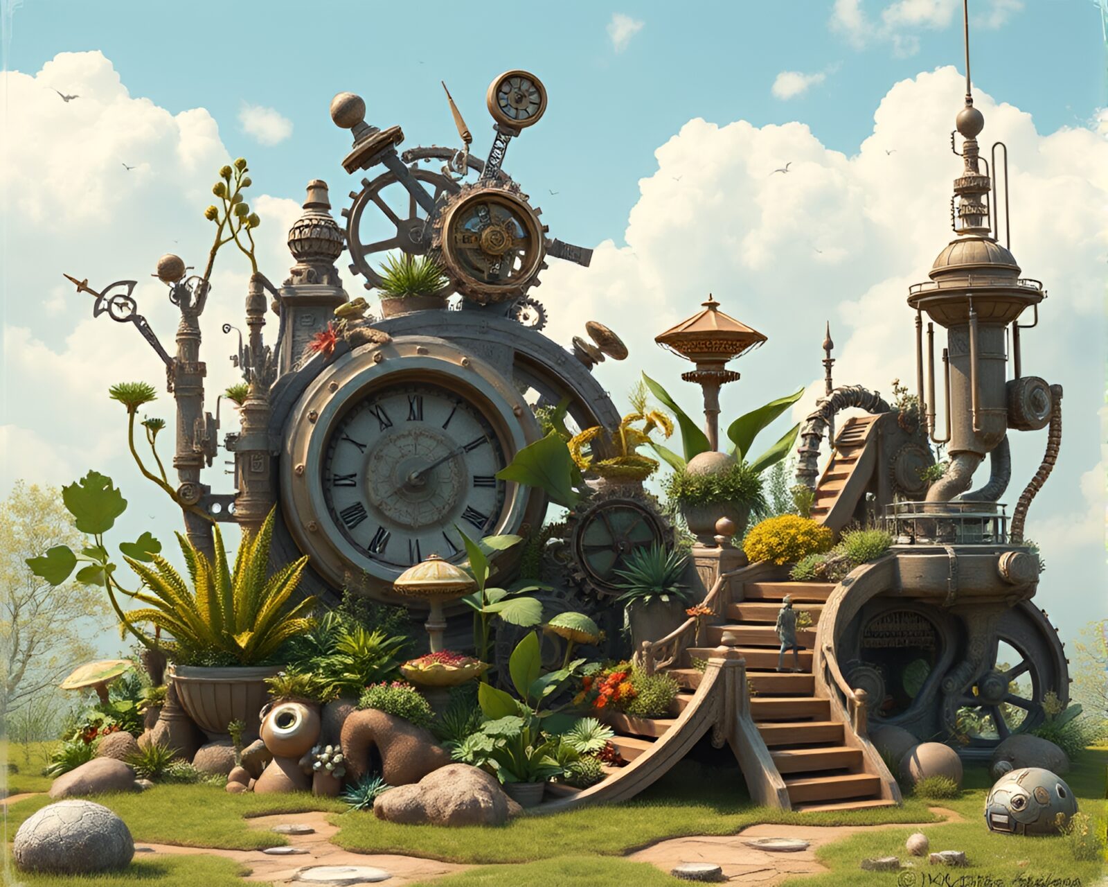 Dynamic combo of gears, cogs, plants in futuristic garden