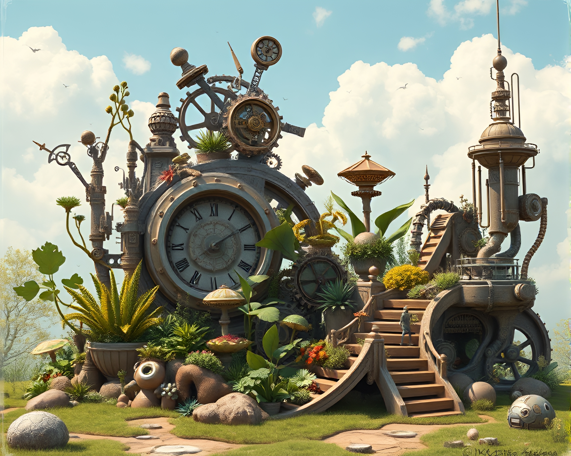 Futuristic Clockwork Garden: Organic-Mechanical Harmony Captured – free AI stock image