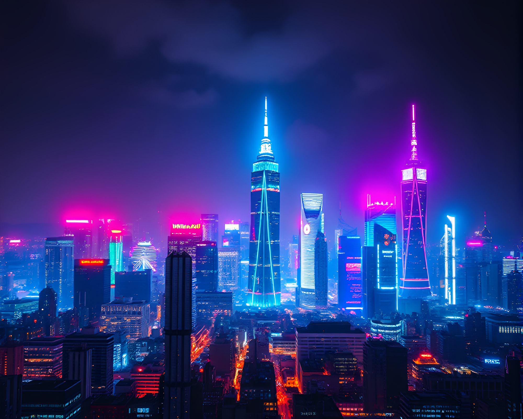 Futuristic Urban Skyline Aglow with Cosmic Energy – free AI stock image
