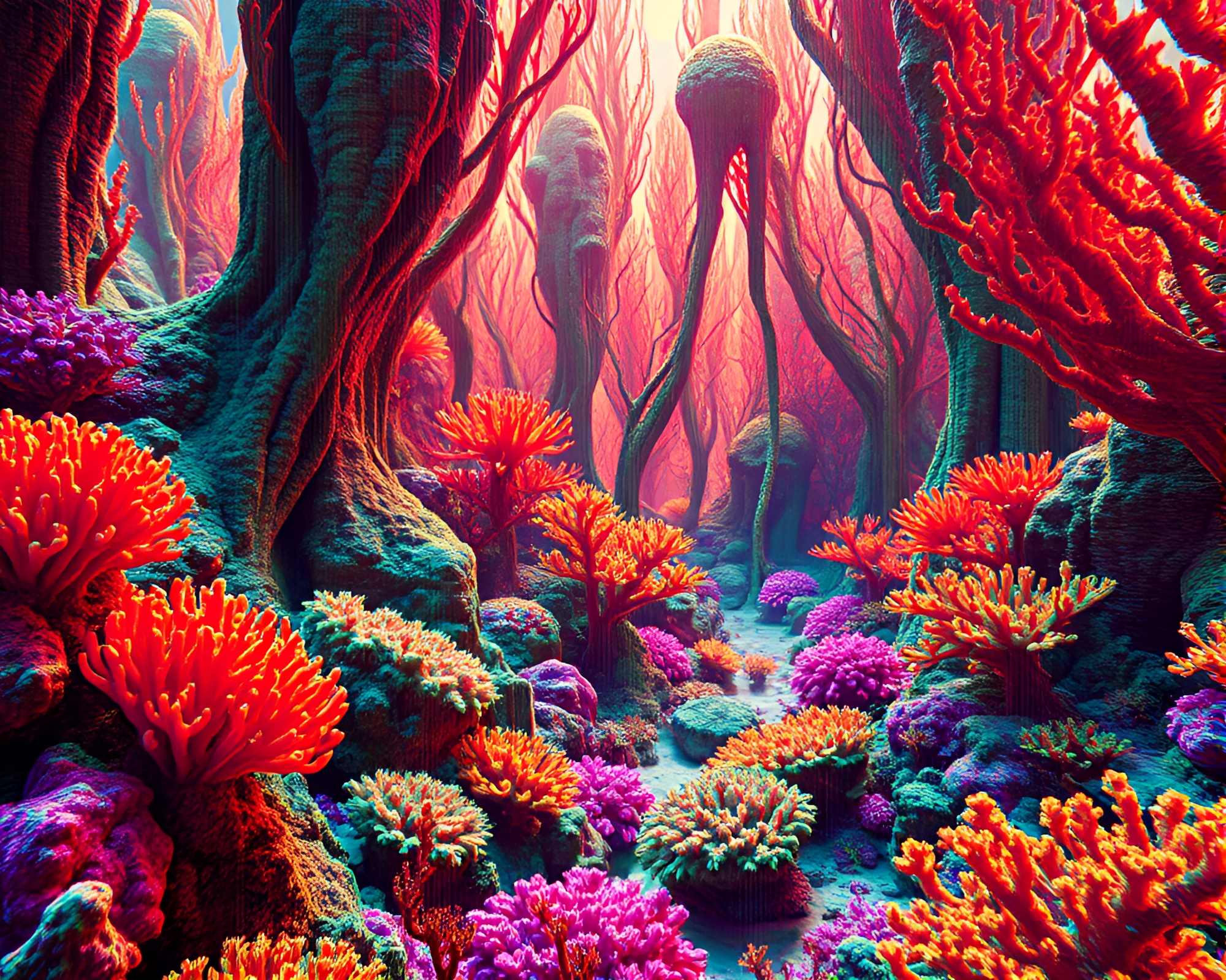 Ethereal Alien Coral Forest Glitch Art Landscape – free AI stock image
