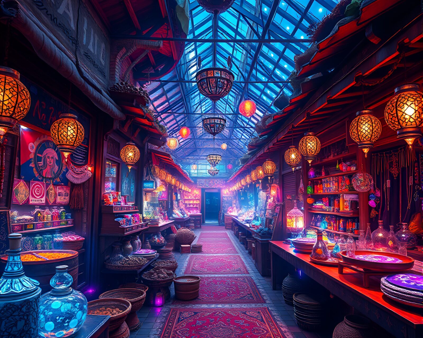 Mesmerizing contrast of rustic and graphic designs in holographic bazaar