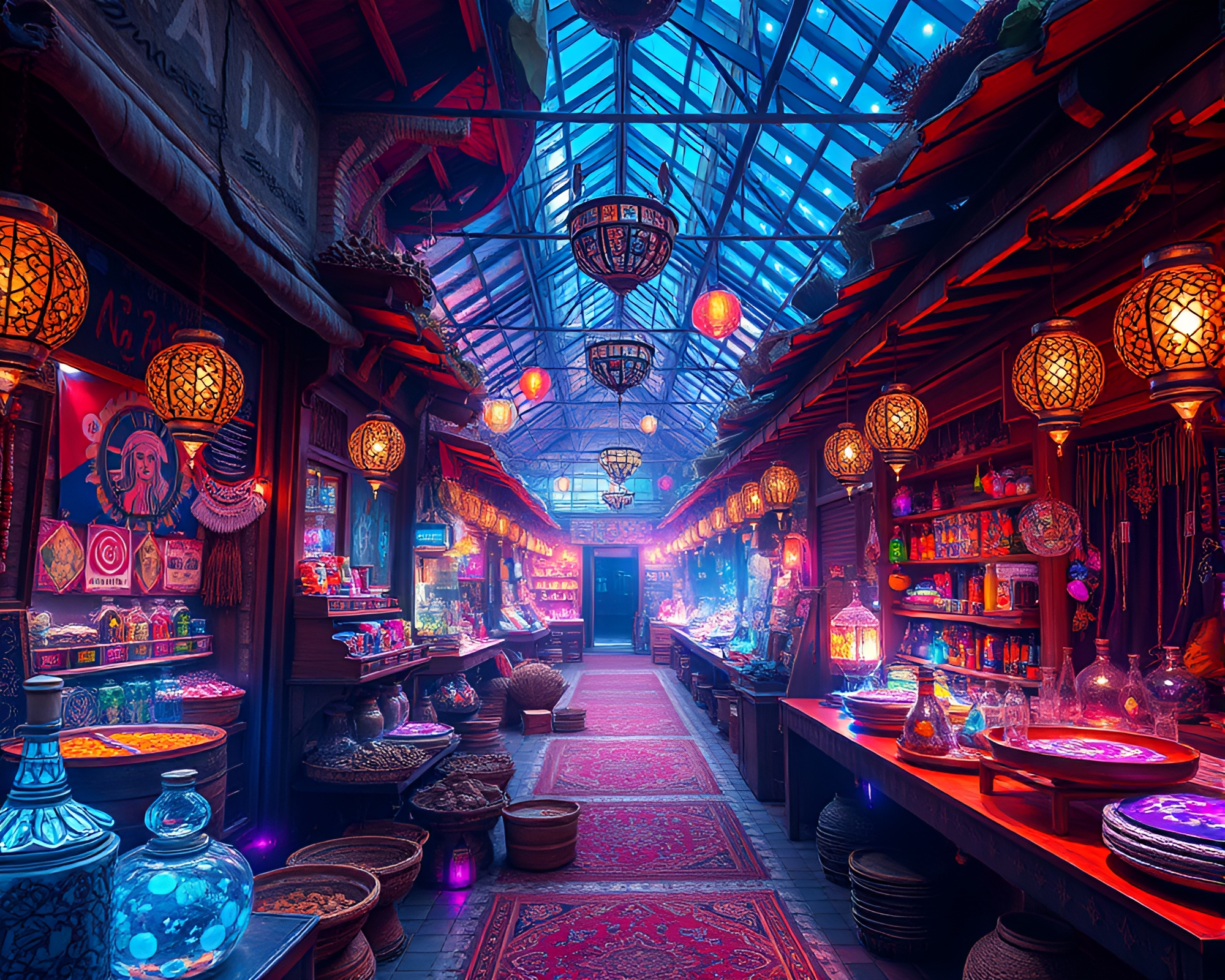 Intricate holographic bazaar with rustic elements – free AI stock image