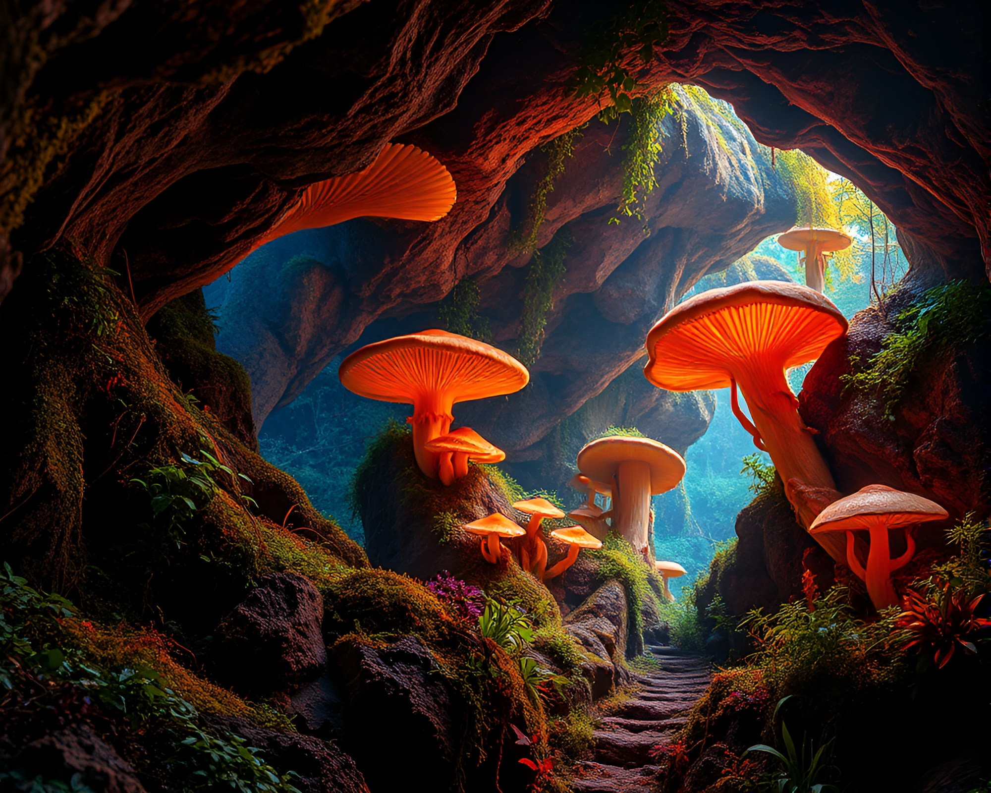 Mystical Luminous Fungus Cavern with Vibrant Vegetation – free AI stock image