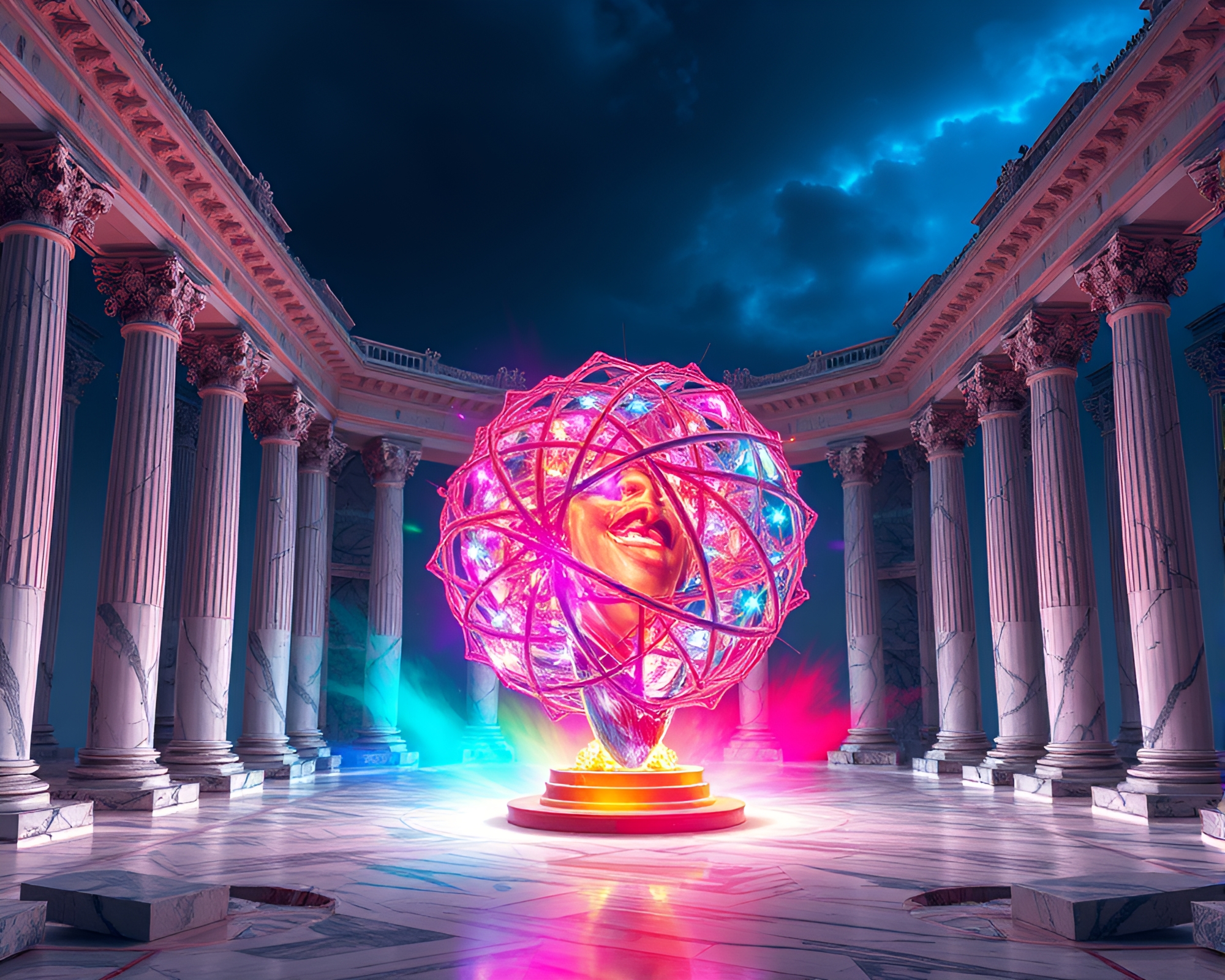 Ruined Marble Palace with Kinetic Sculpture and Vibrant Colors – free AI stock image