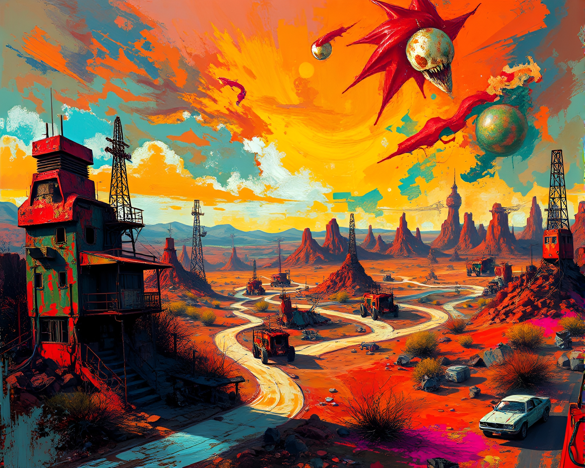 Radiant Post-Apocalyptic Wasteland: Surreal and Vibrant Impressionism – free AI stock image