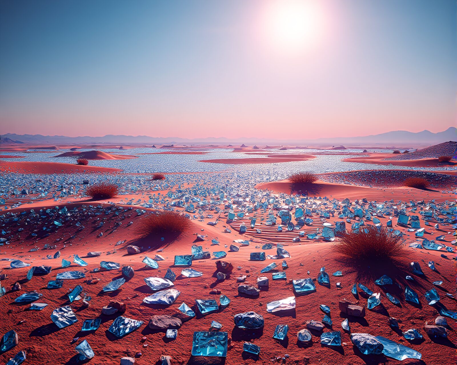 Scenic desert covered in glass shards with digital glitch.