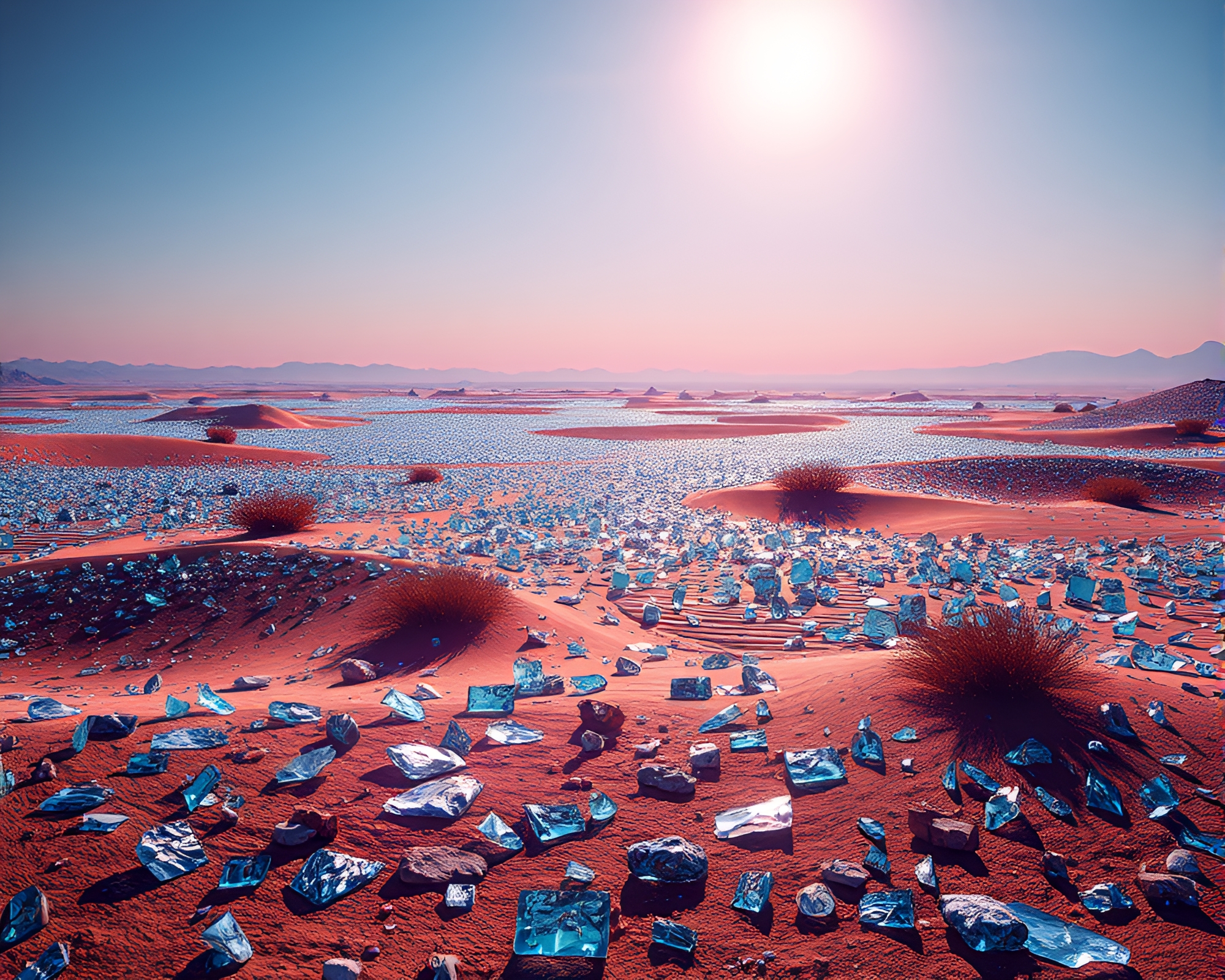 Shattered Glass Desert Landscape with Glitch Art Overlay – free AI stock image