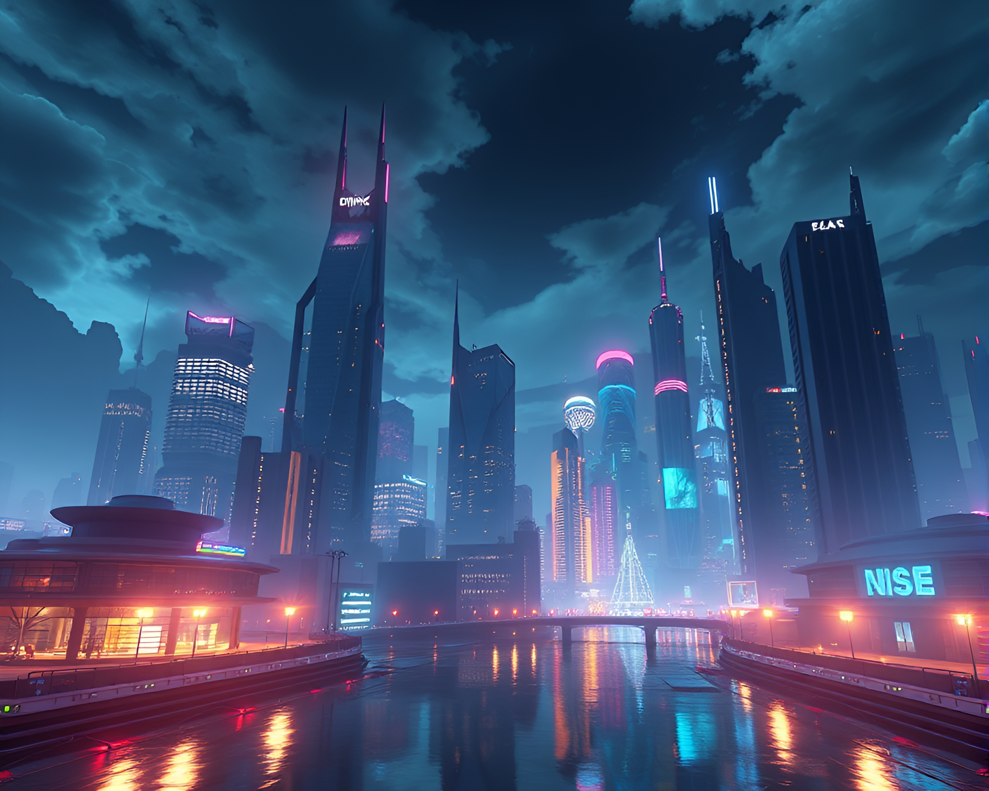 Futuristic City Skyline Lit by Neon Lights Concept – free AI stock image
