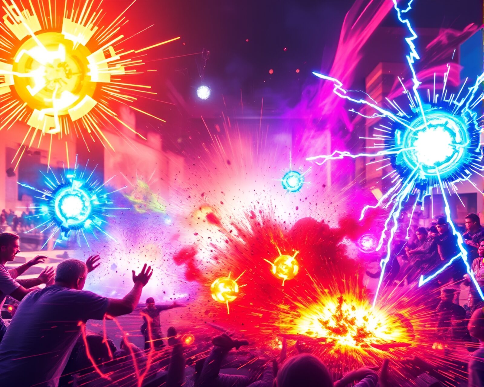 Colorful bursts of energy colliding in chaotic battlefield