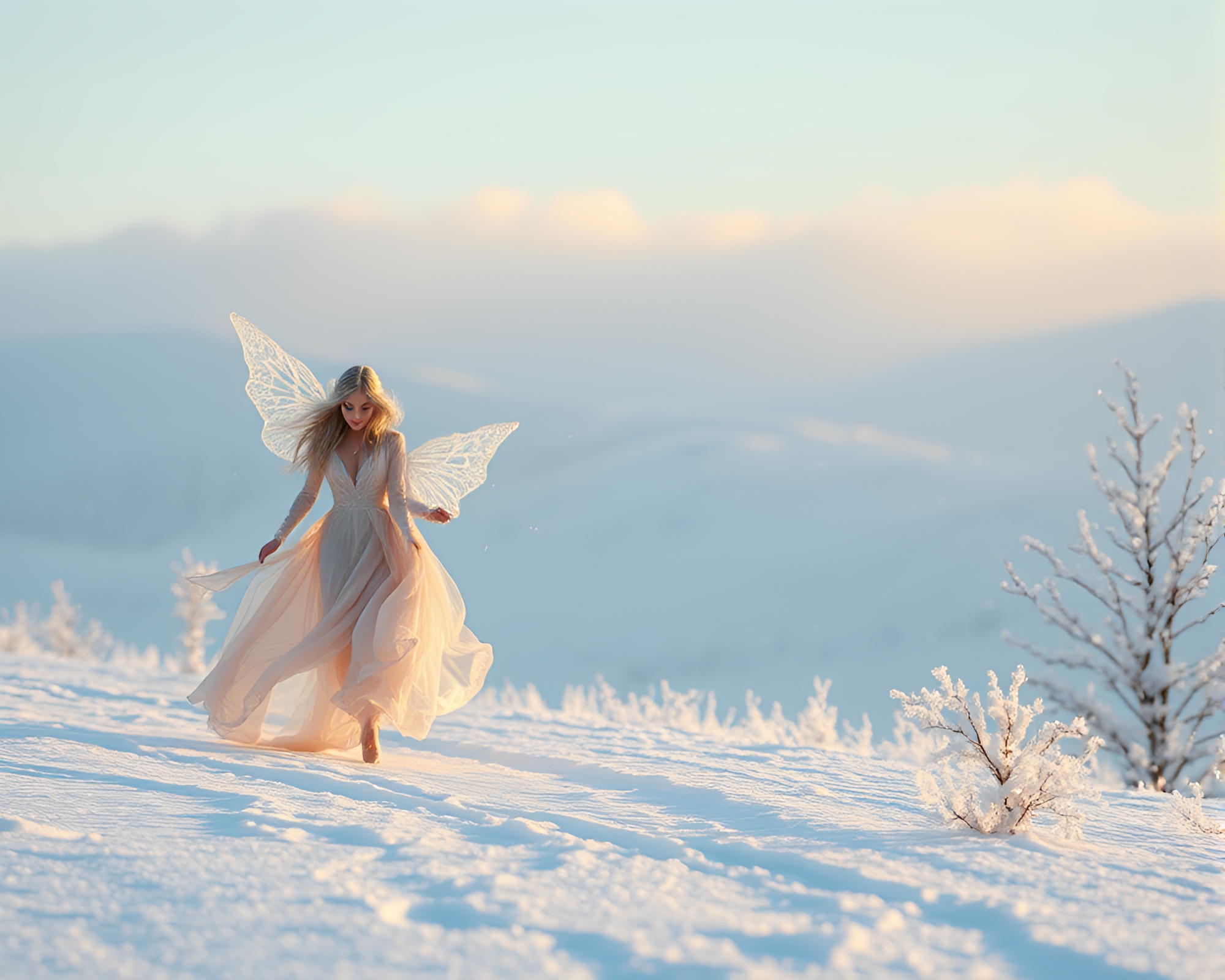 Ethereal Fashion Figures Gliding in Mesmerizing Snowscape – free AI stock image