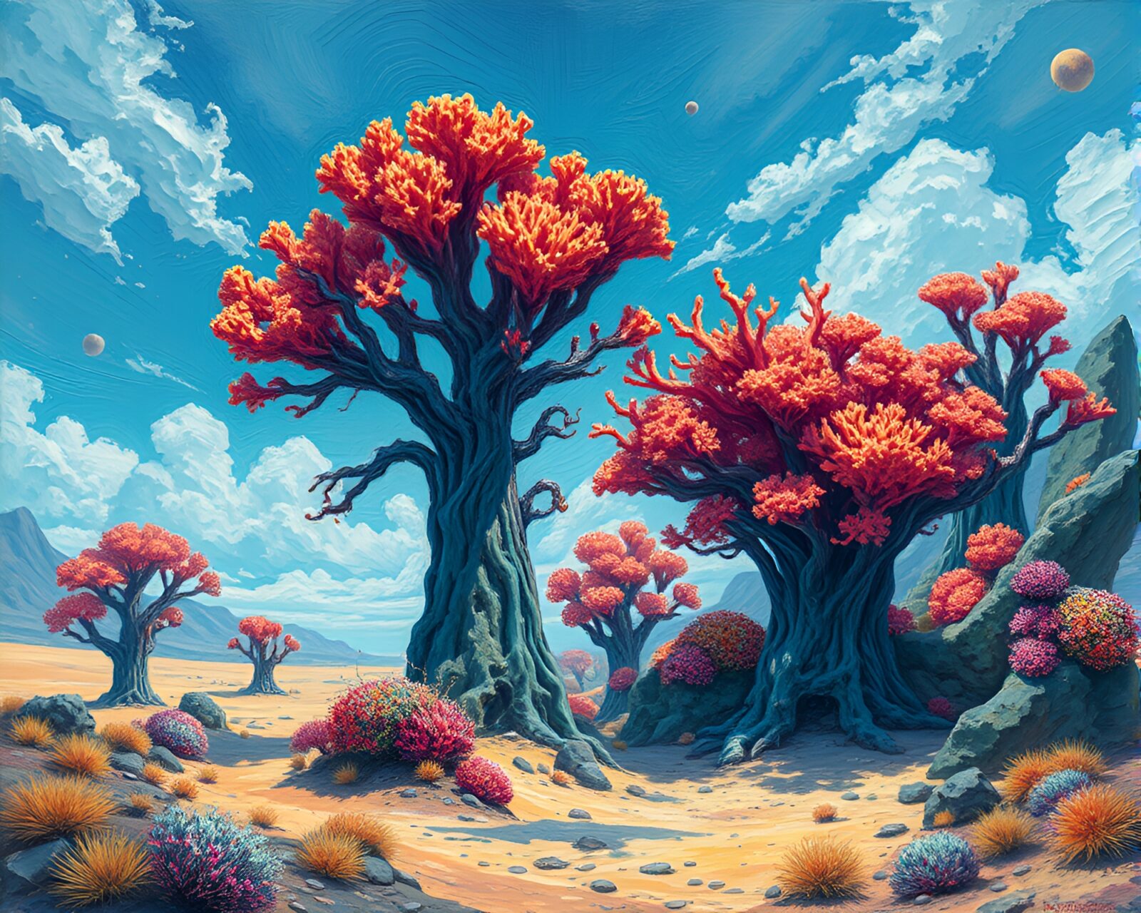 Surreal alien coral forest painting with vibrant colors and intricate details
