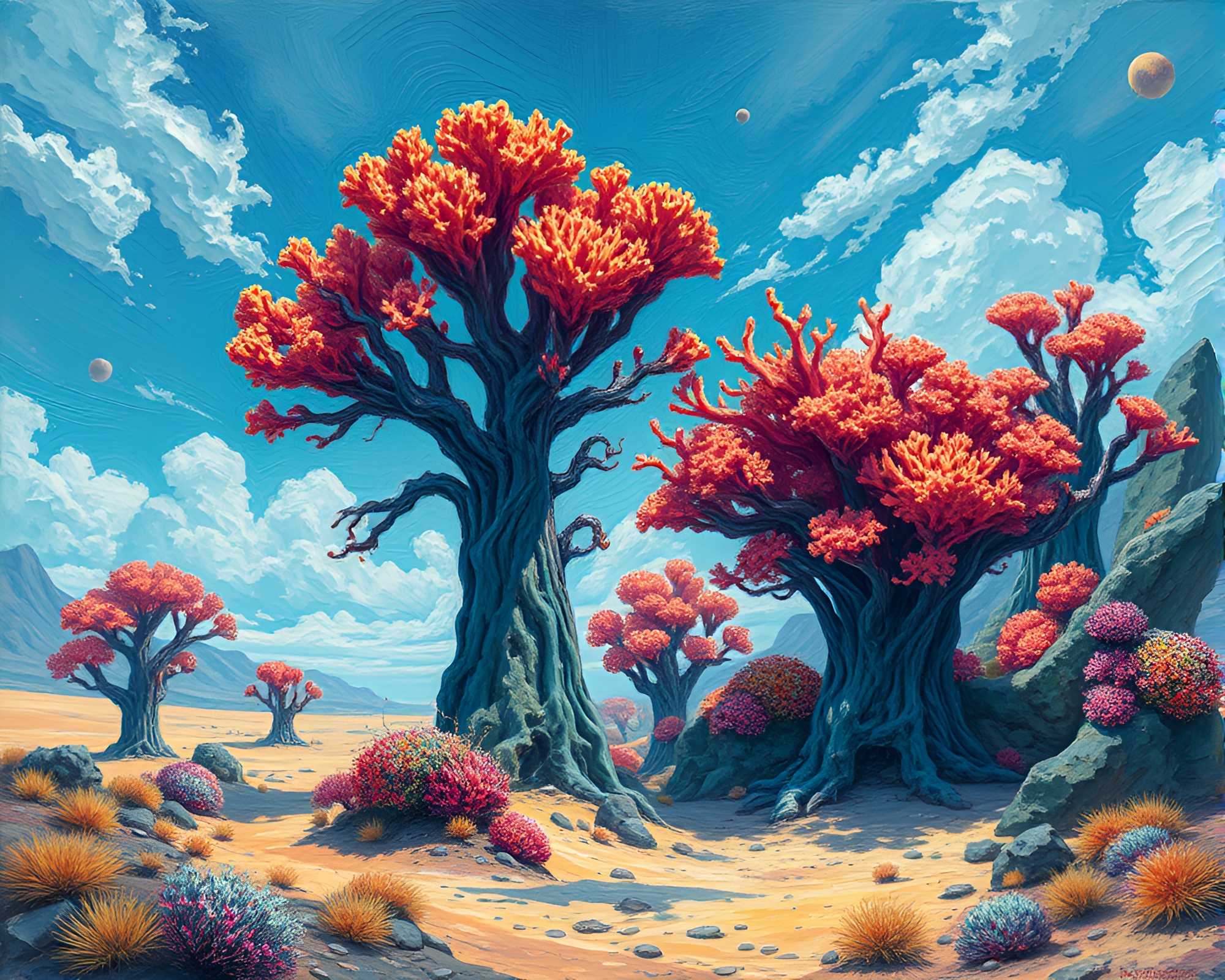 Vibrant Alien Coral Forest in Windswept Landscape Painting – free AI stock image