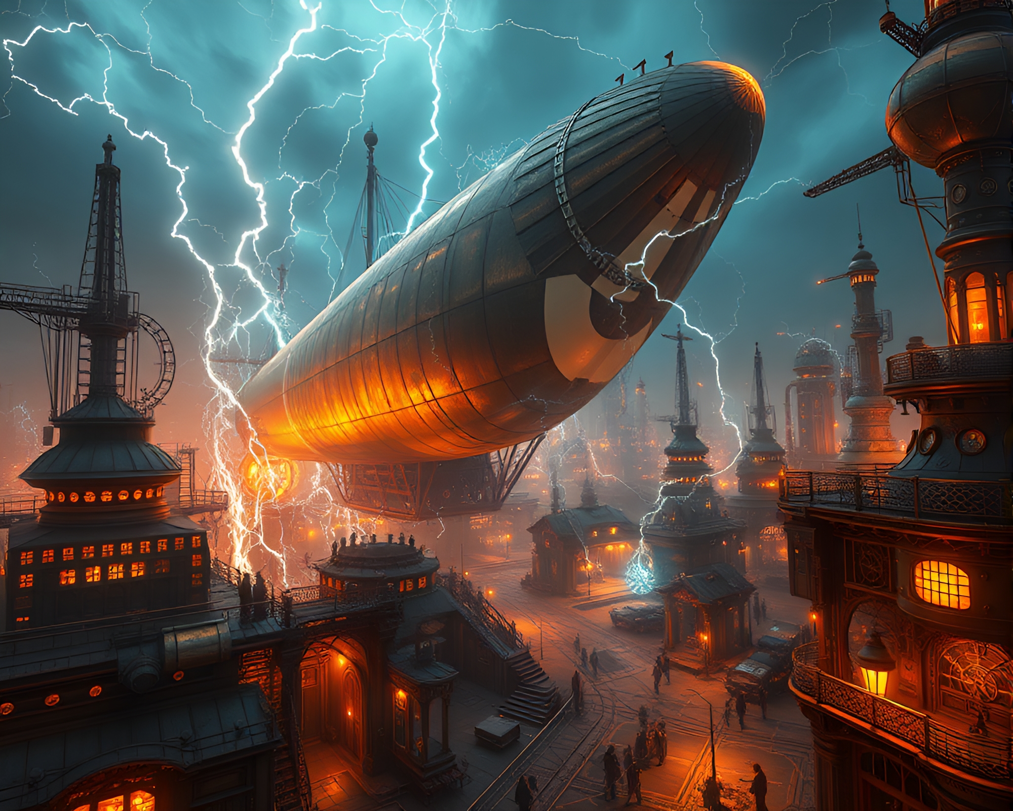 Steampunk Airship Port Bustling with Retro-Futuristic Activity – free AI stock image