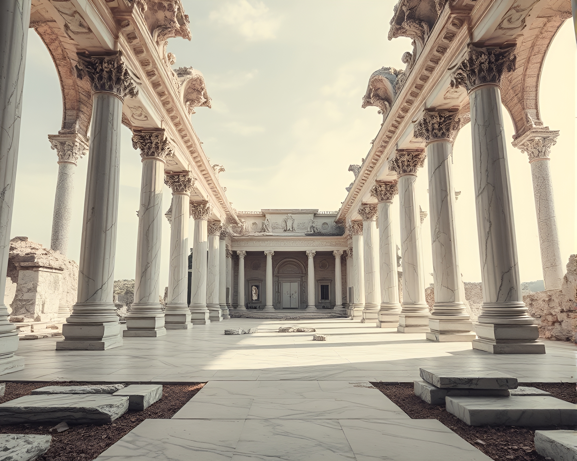 Ethereal Marble Ruins Evoke Tranquil Decay in Painting – free AI stock image