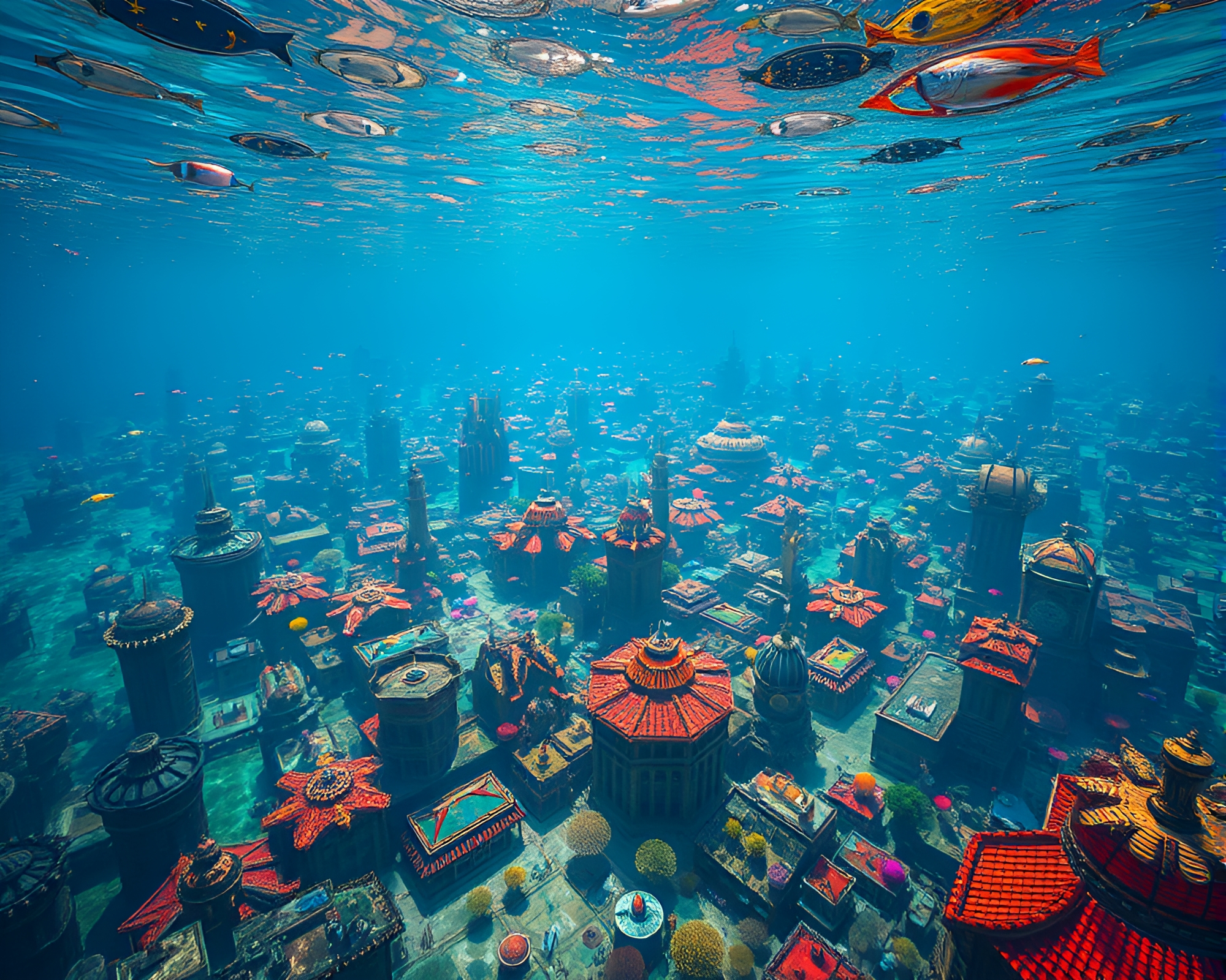 Vibrant Sunken Cityscape Revealing Creativity and Mystery Below Water – free AI stock image