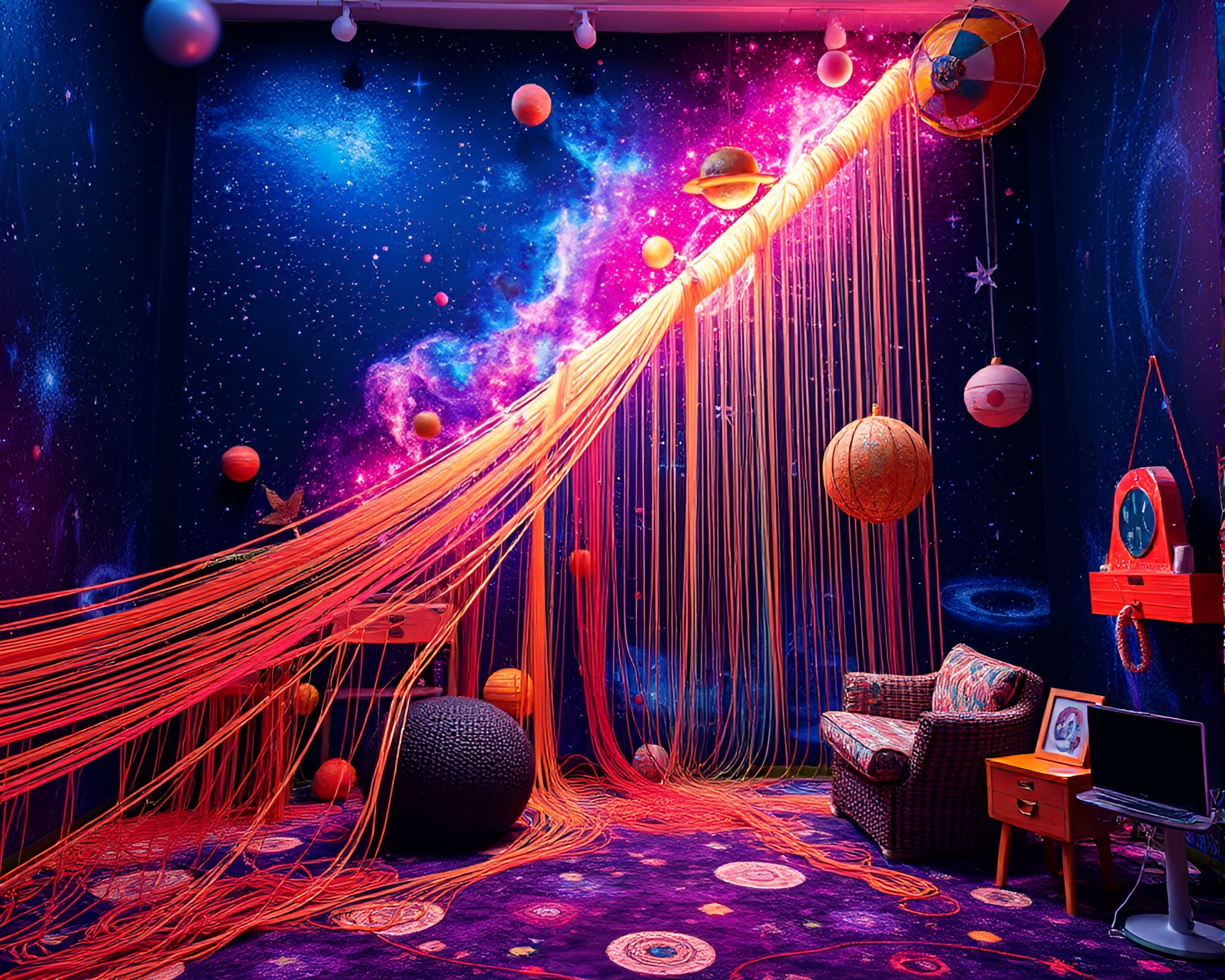 Whimsical Cosmic String Tapestry in Modern Art Installation – free AI stock image