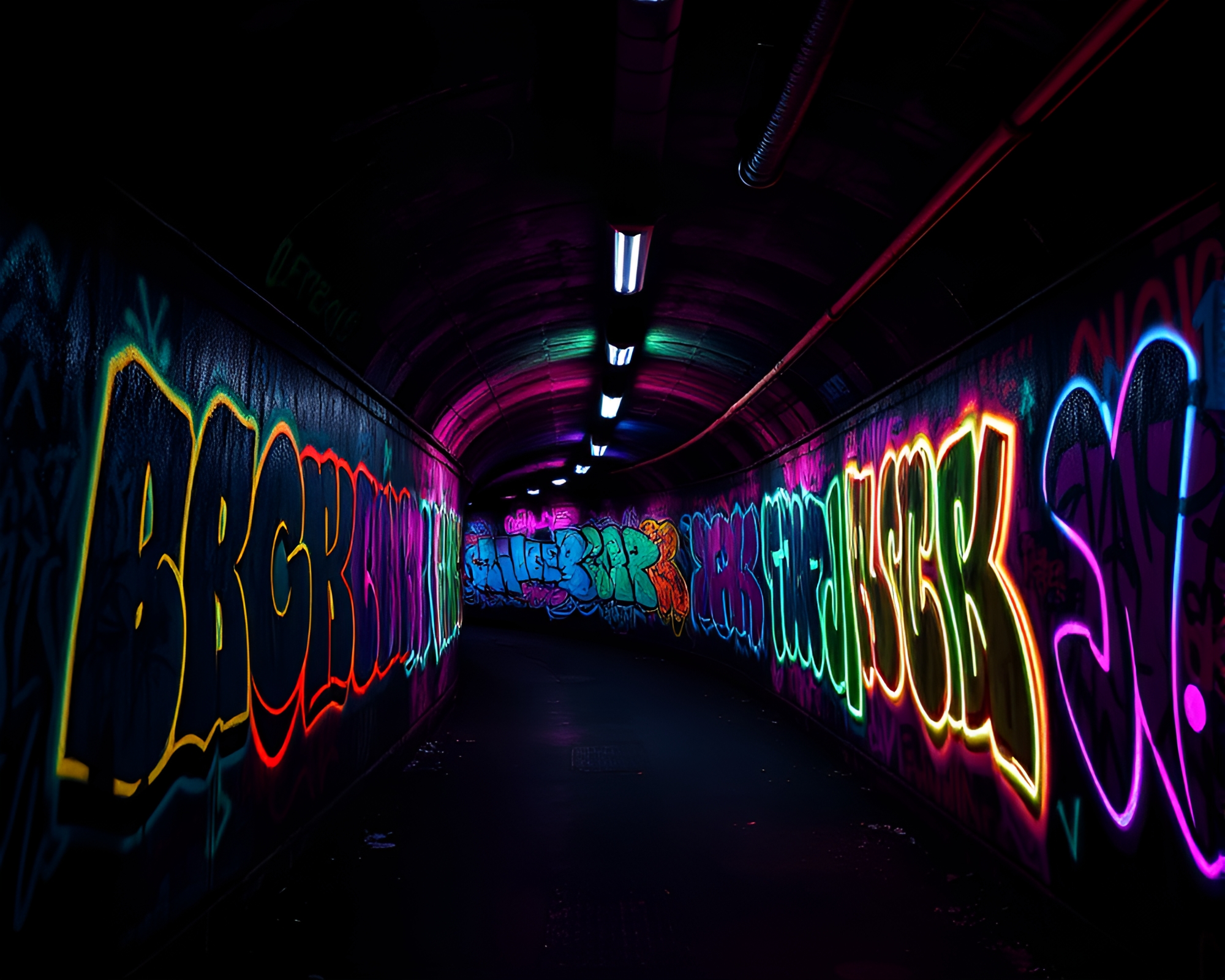 Eerie Glow in Dimly Lit Neon Graffiti Tunnel – free AI stock image
