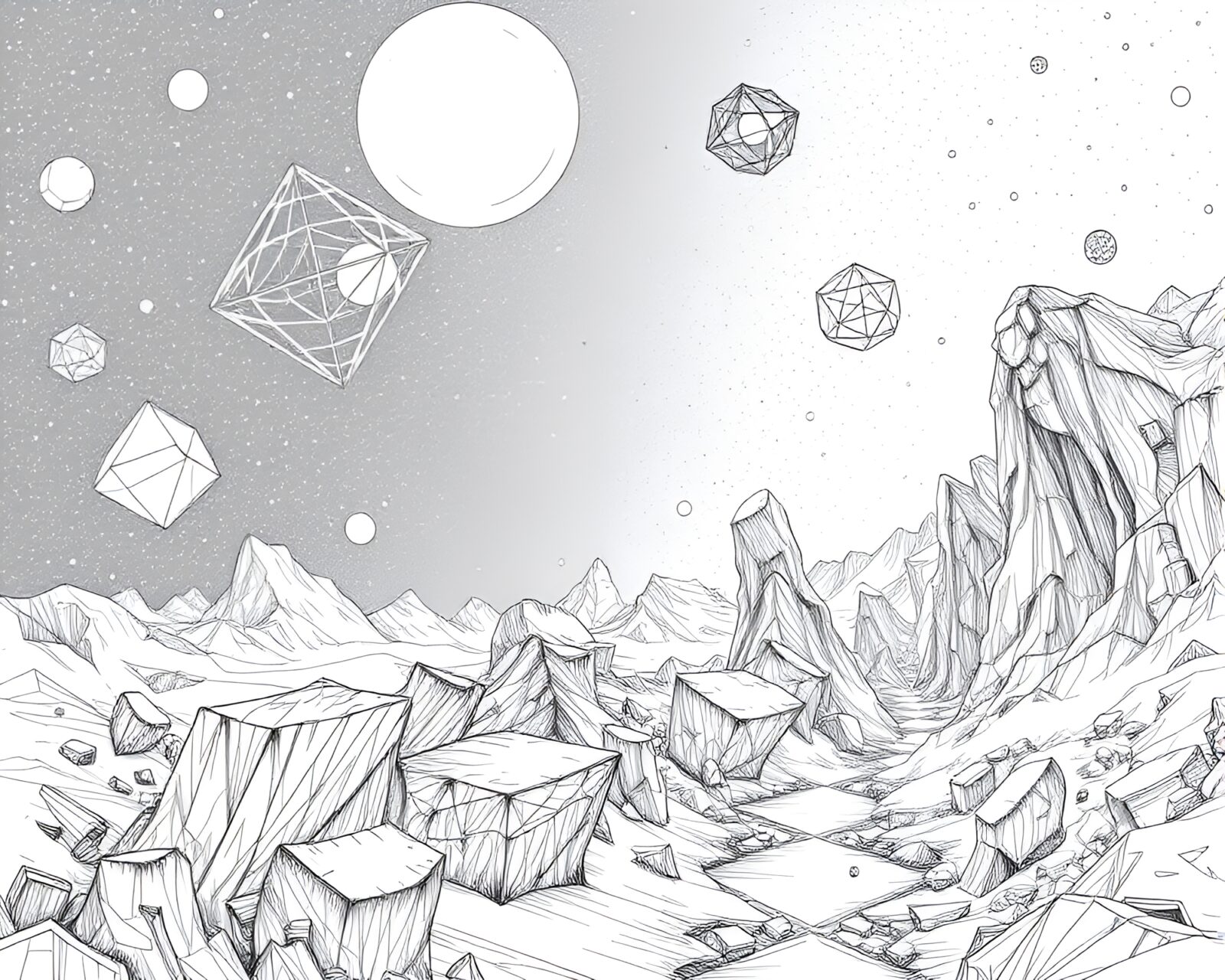 Abstract art of floating geometric shapes in intricate line drawing