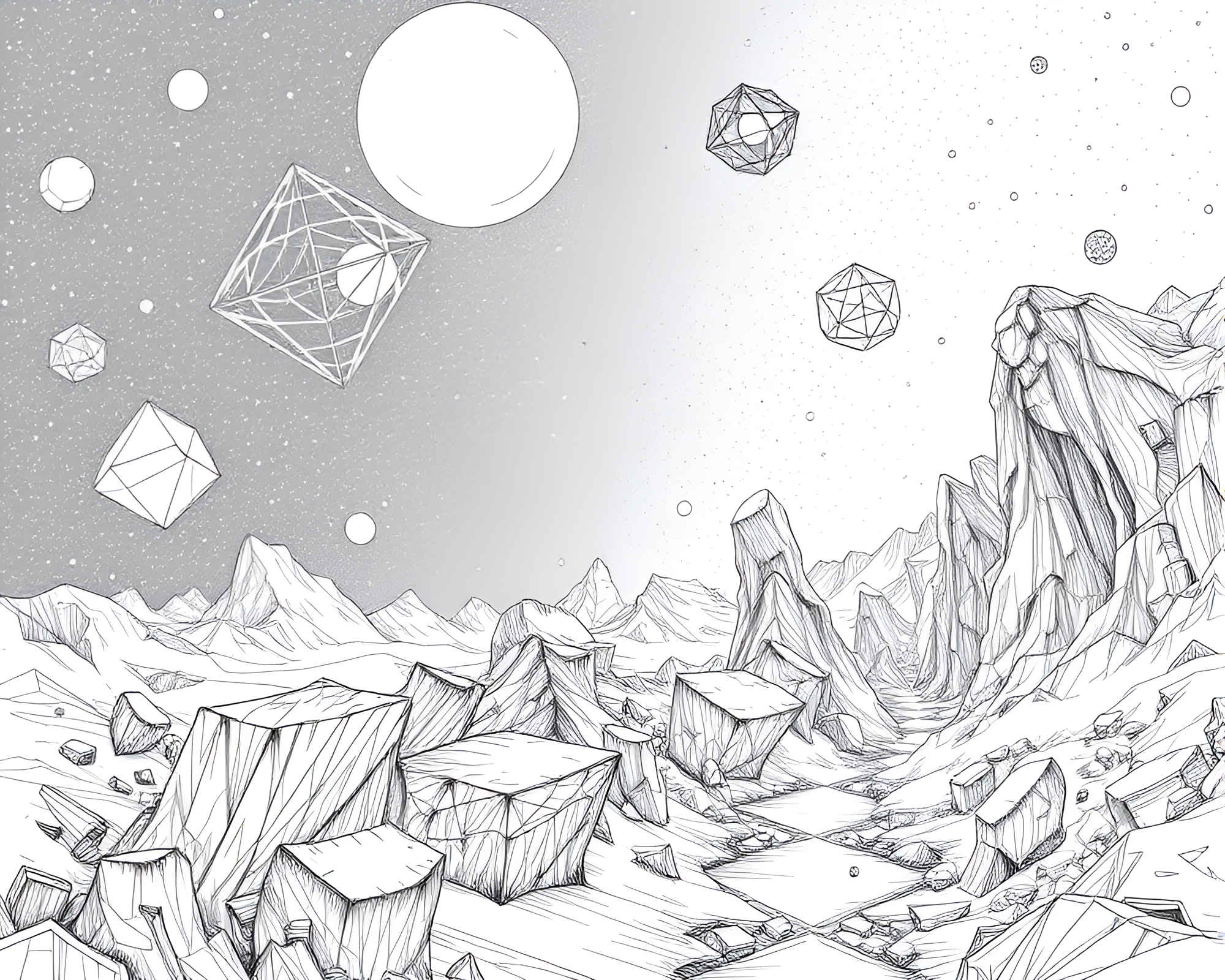 Dreamlike Geometric Shapes Floating in Detailed Line Drawing – free AI stock image