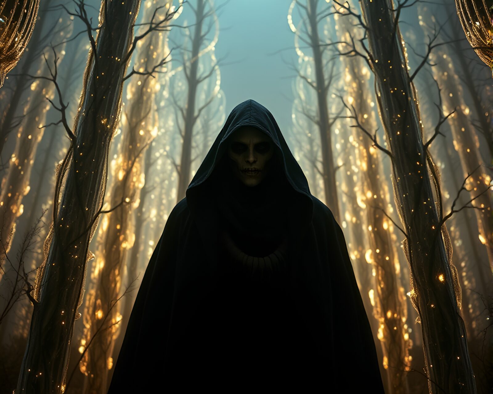 Mysterious figure emitting eerie glow in digital realm