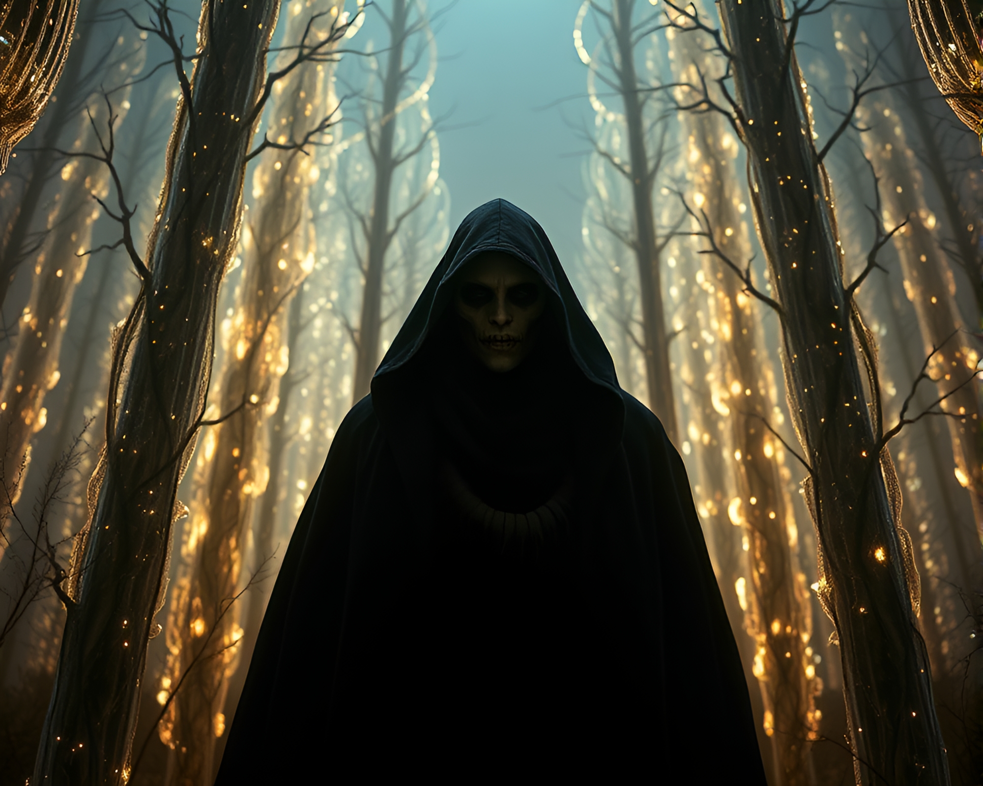 Ethereal figure among towering silicon crystal trees – free AI stock image