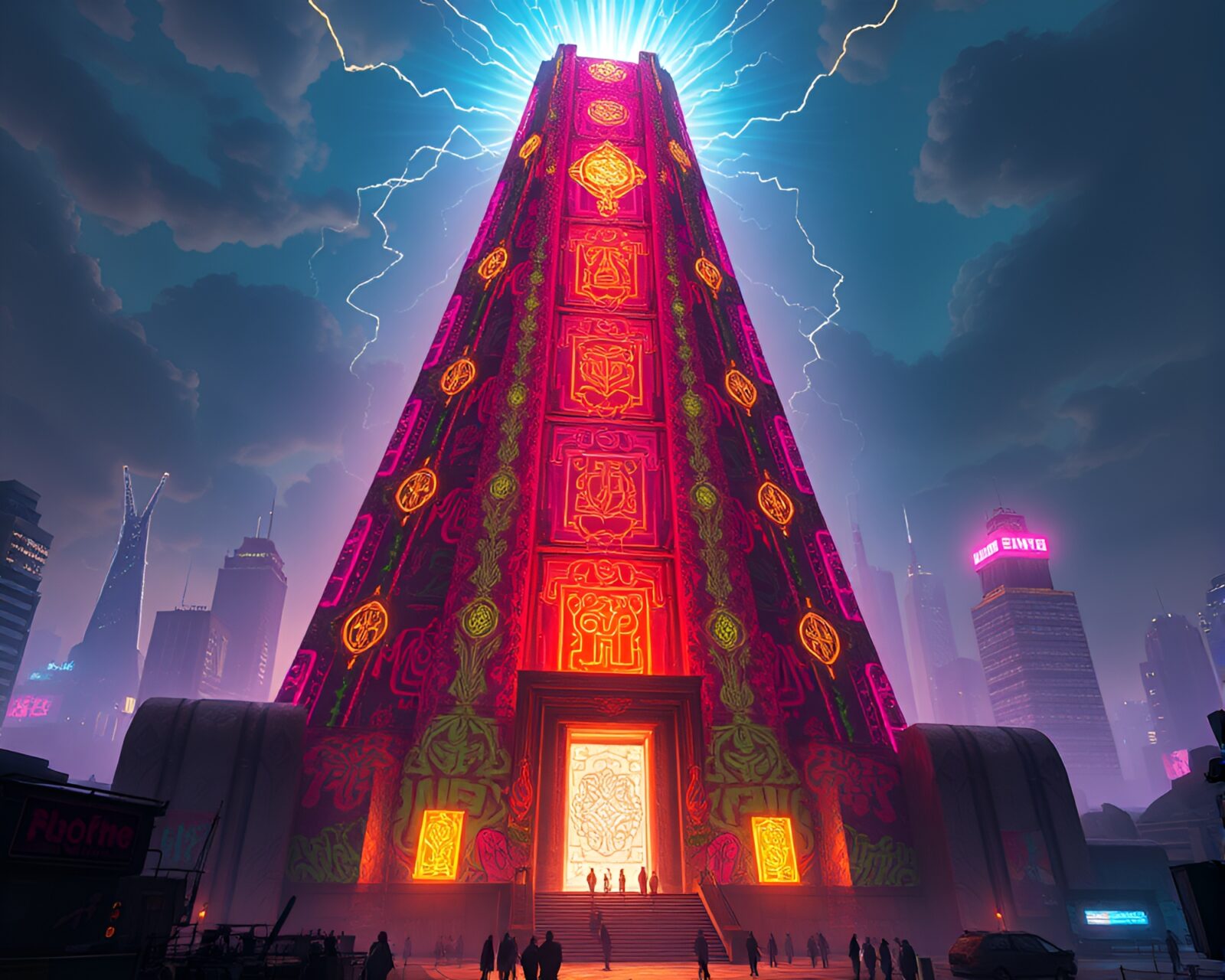 Temple with glowing neon glyphs in futuristic city