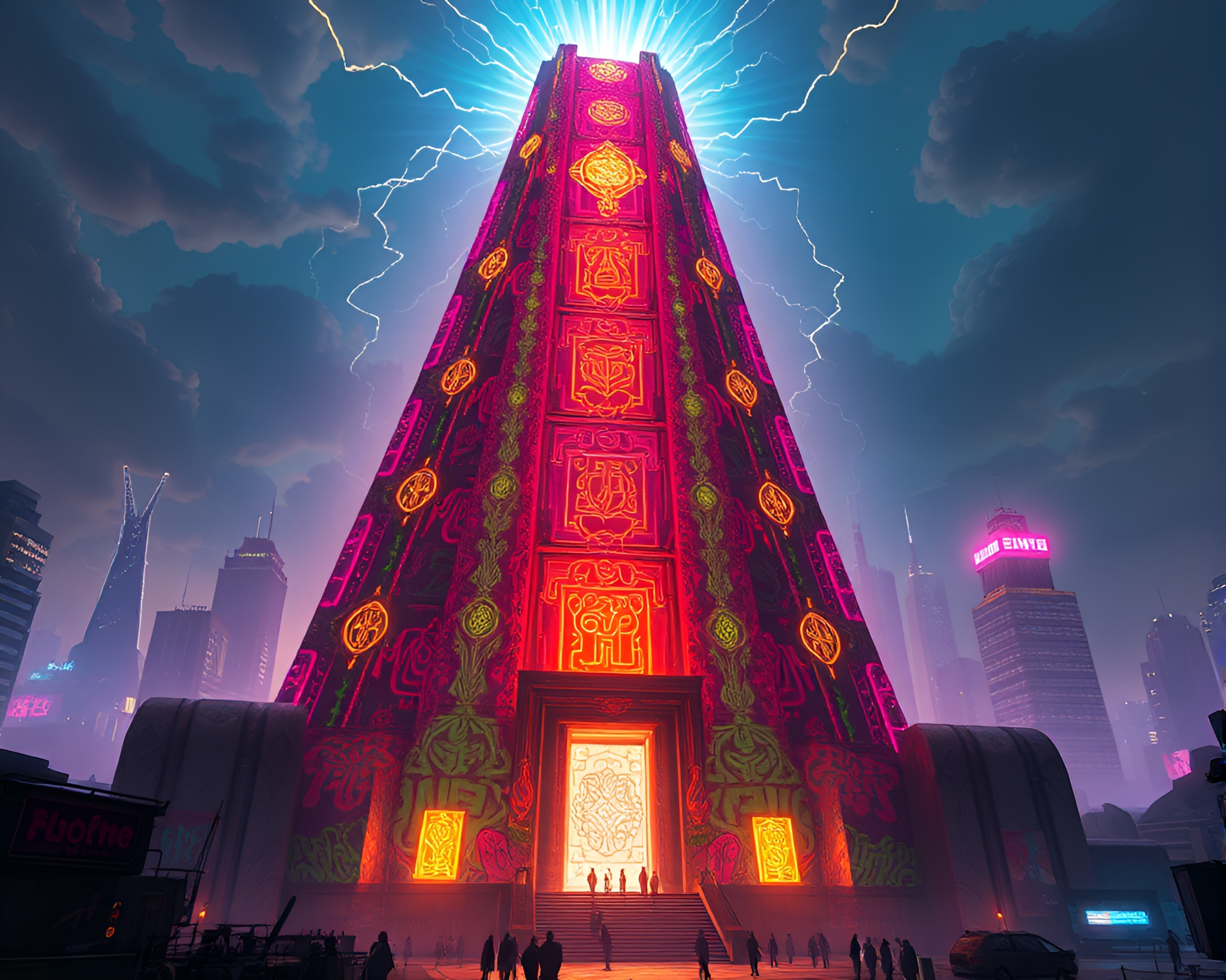 Futuristic Temple in Neon Graffiti Cityscape – free AI stock image