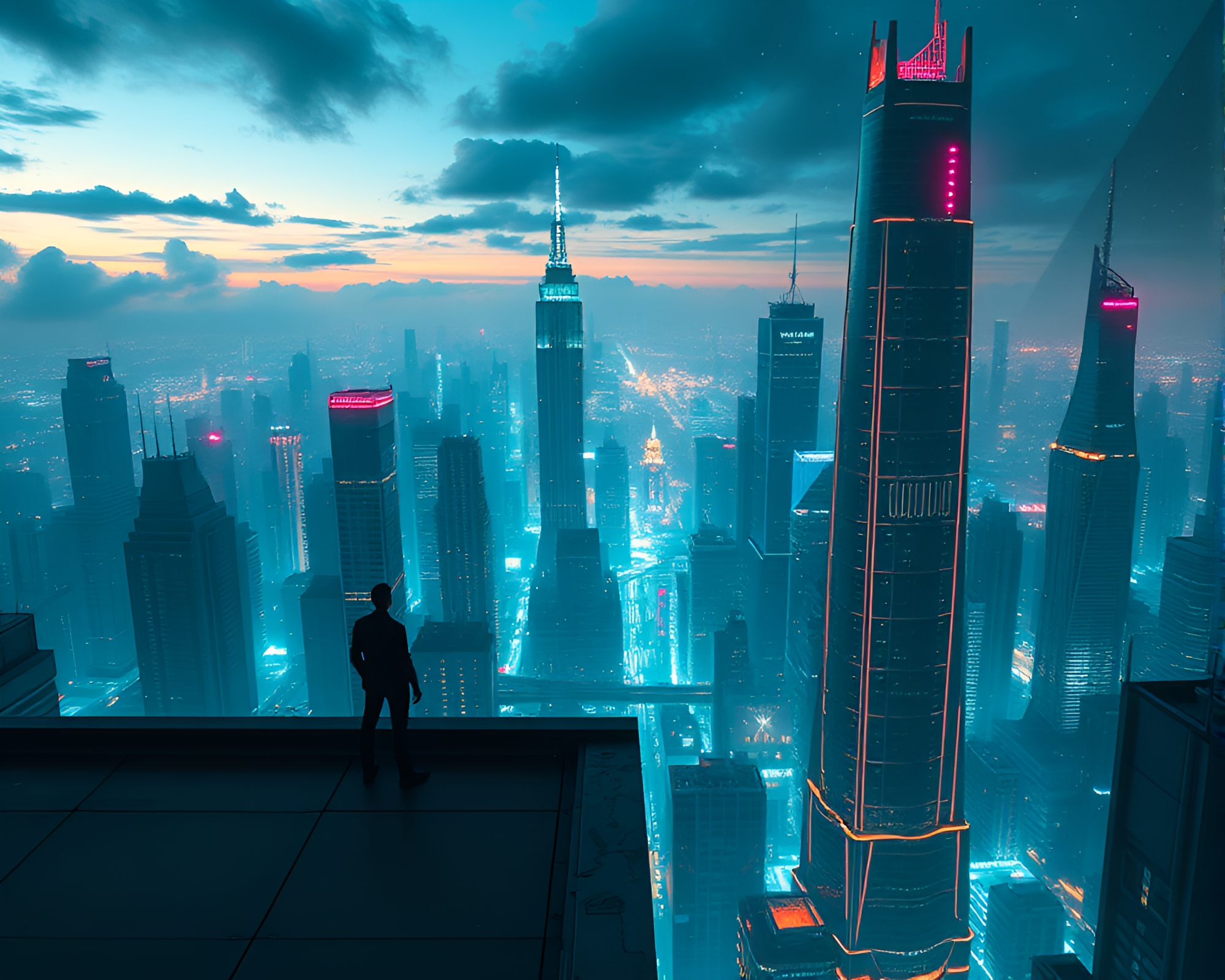 Neon-lit cityscape with contemplative figure in anime style – free AI stock image