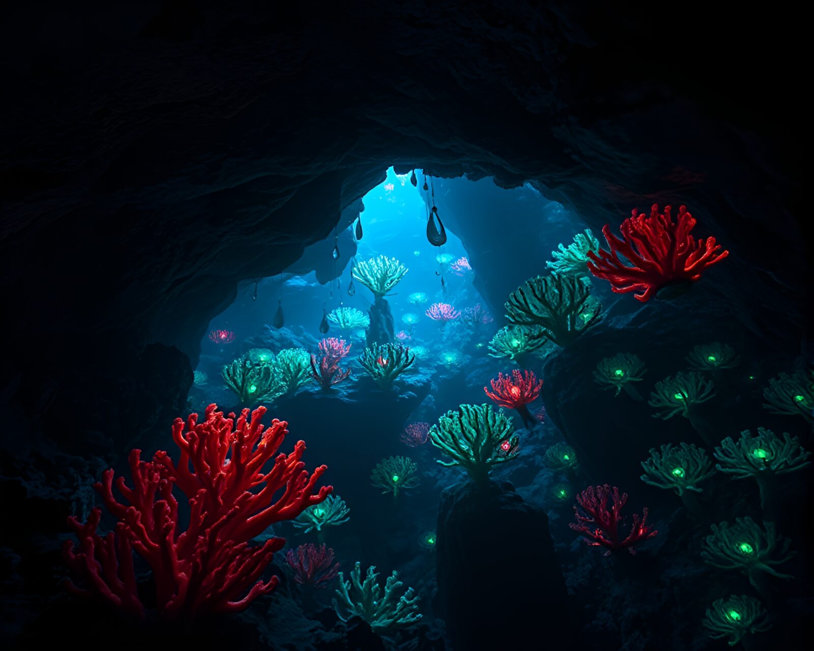 Vibrant alien coral thriving in underground caverns
