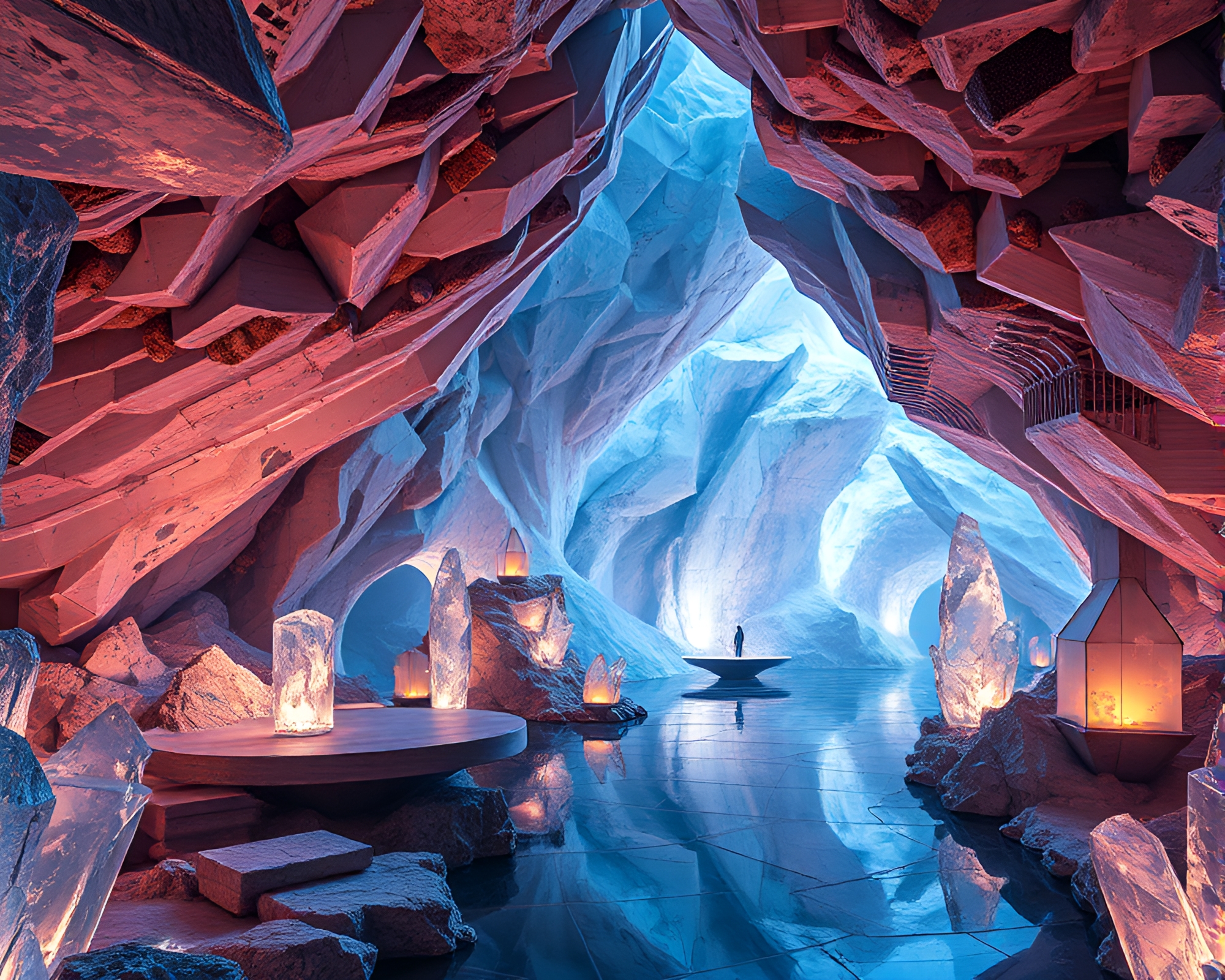 Futuristic Crystalline Cavern with Modern Art Installations – free AI stock image