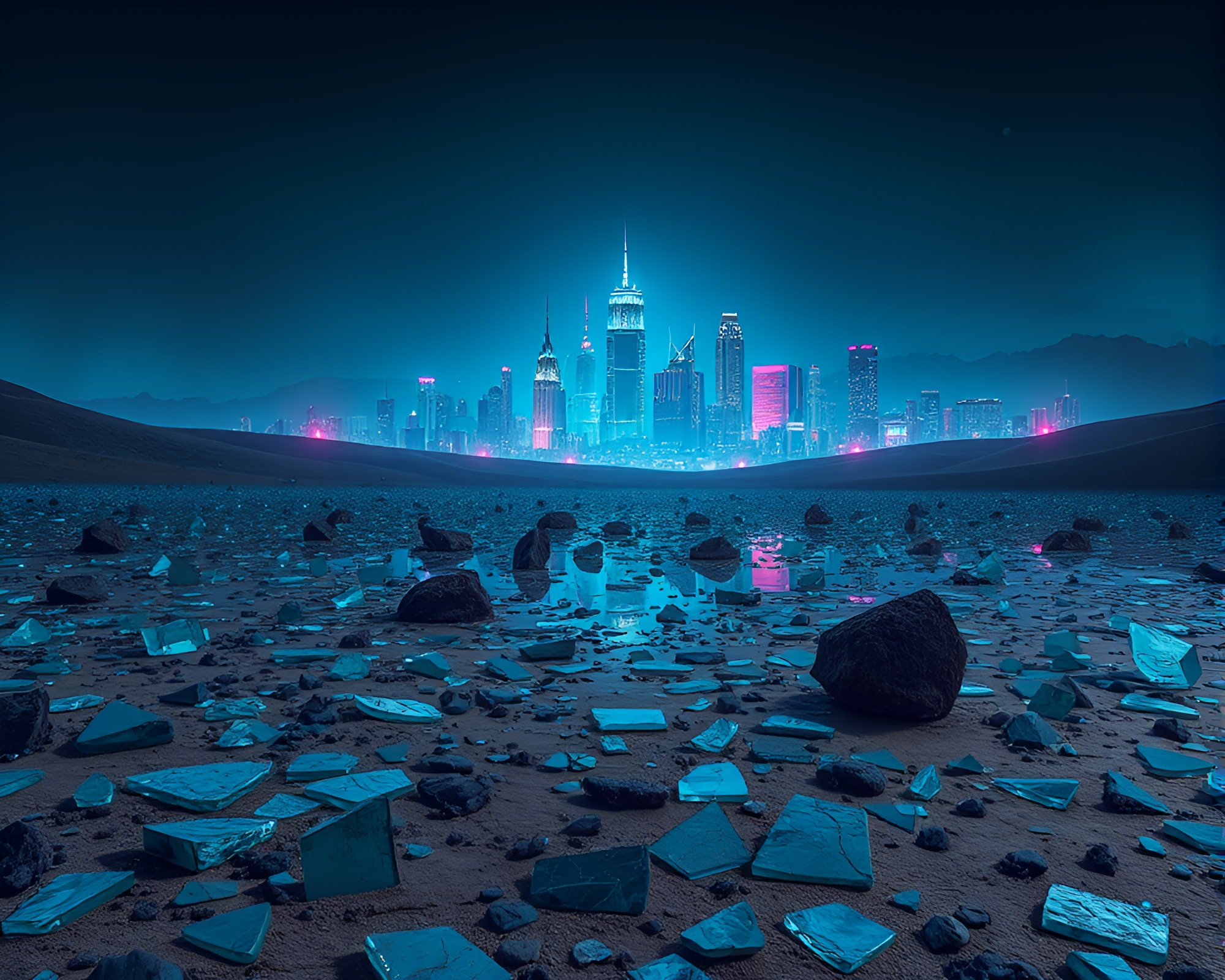 Desolate Desert Landscape with Neon City Reflection – free AI stock image