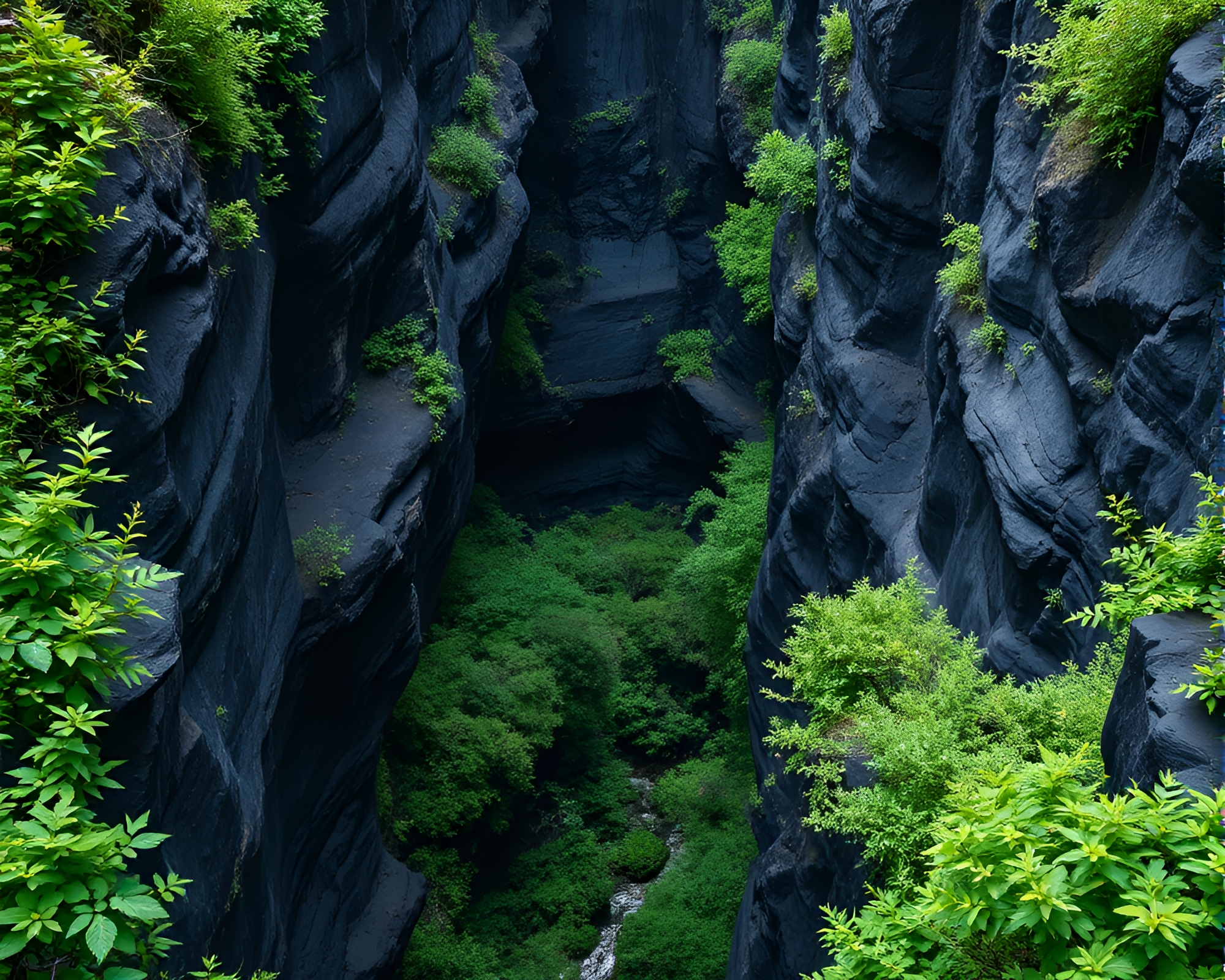 Captivating Abstract Art Depicting Obsidian Canyon and Lush Greenery – free AI stock image