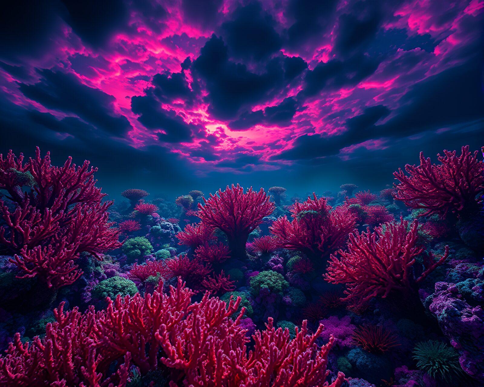 Colorful alien coral forest beneath dark sky vector illustration