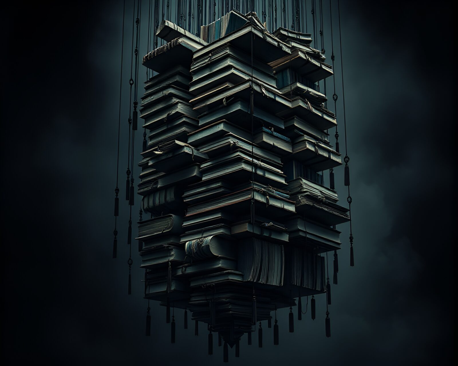 Intricate tower of suspended books in noir oil painting