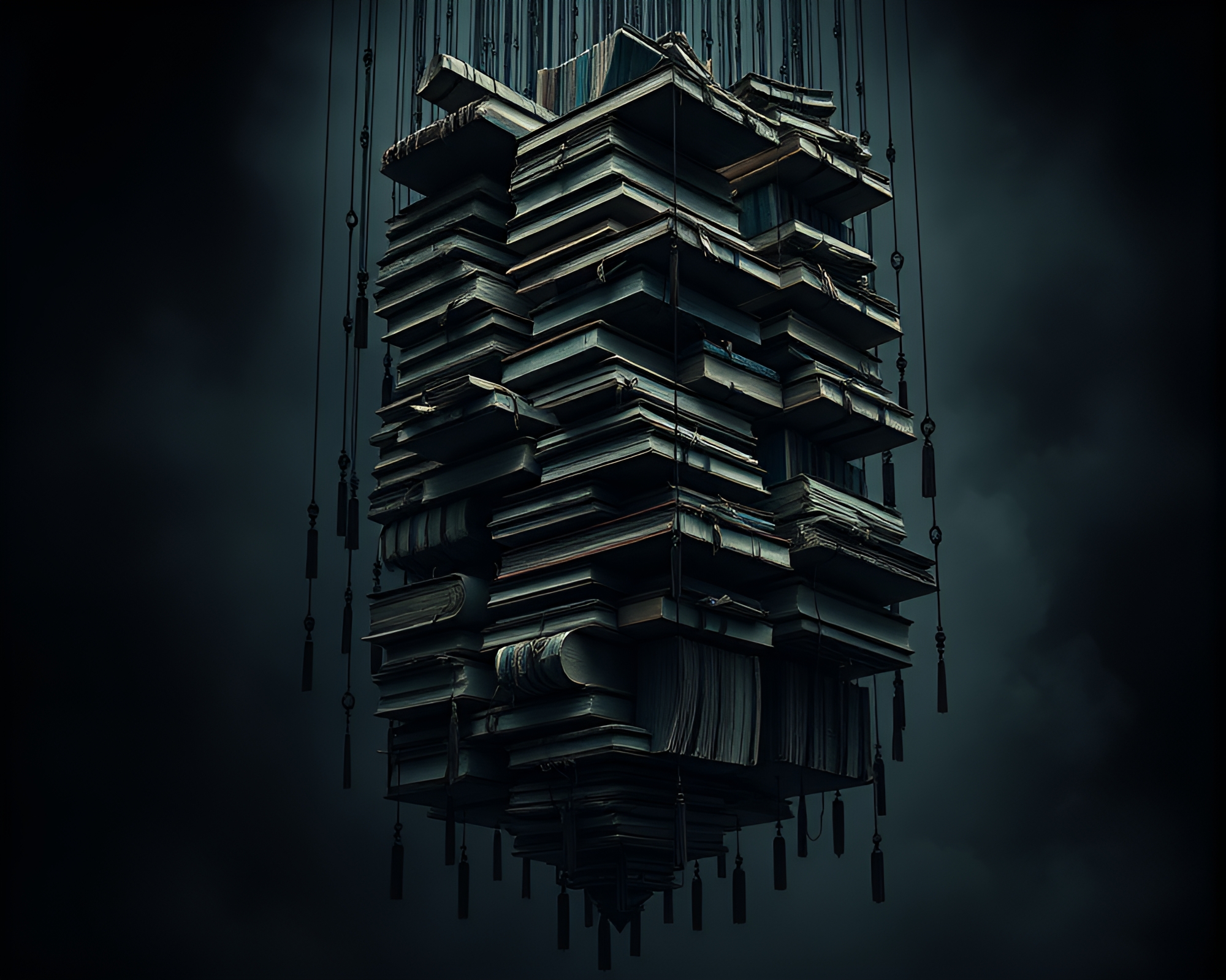 Mysterious Book Tower in Noir Oil Painting – free AI stock image