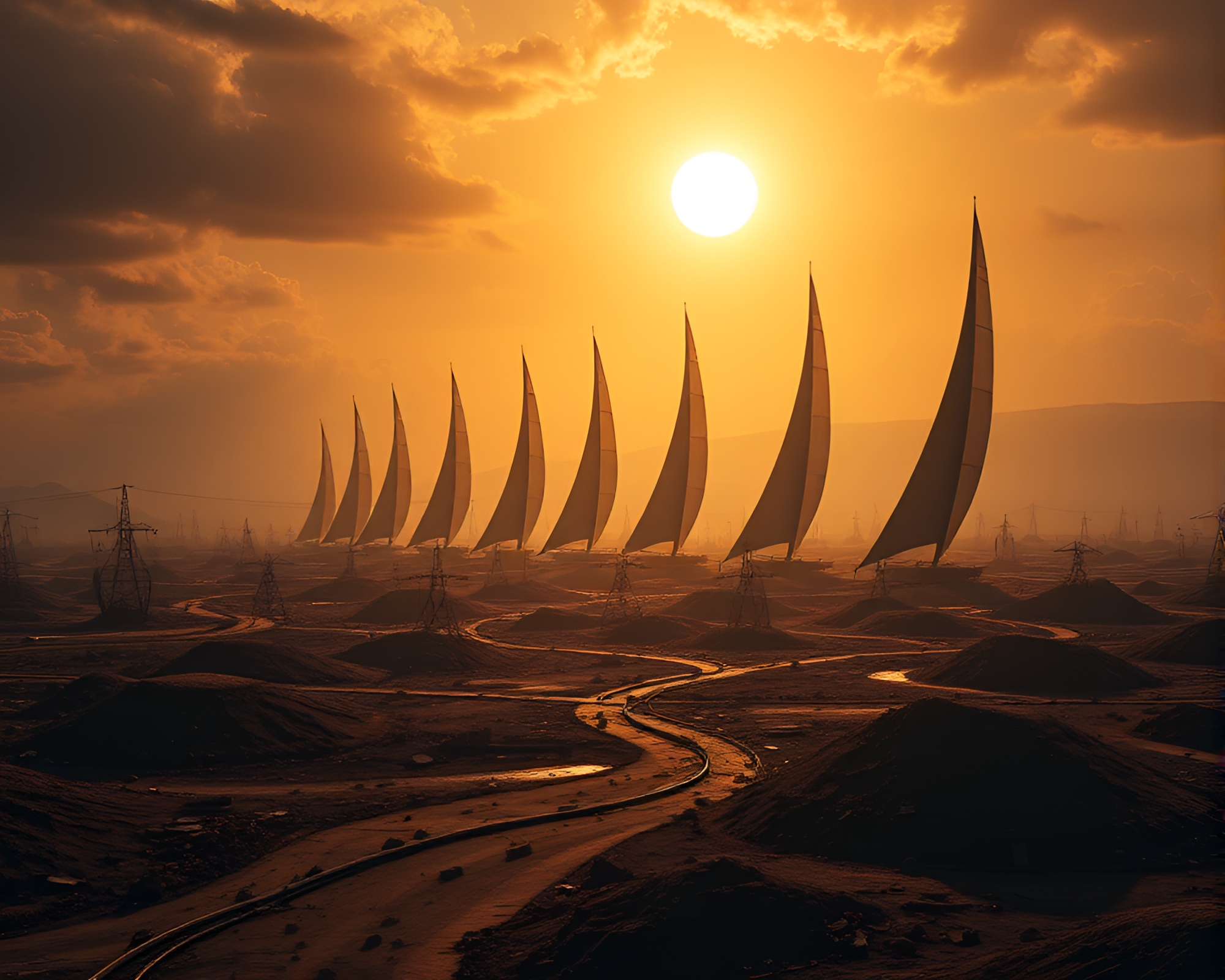 Fleet of Solar Sails in Apocalyptic Landscape – free AI stock image