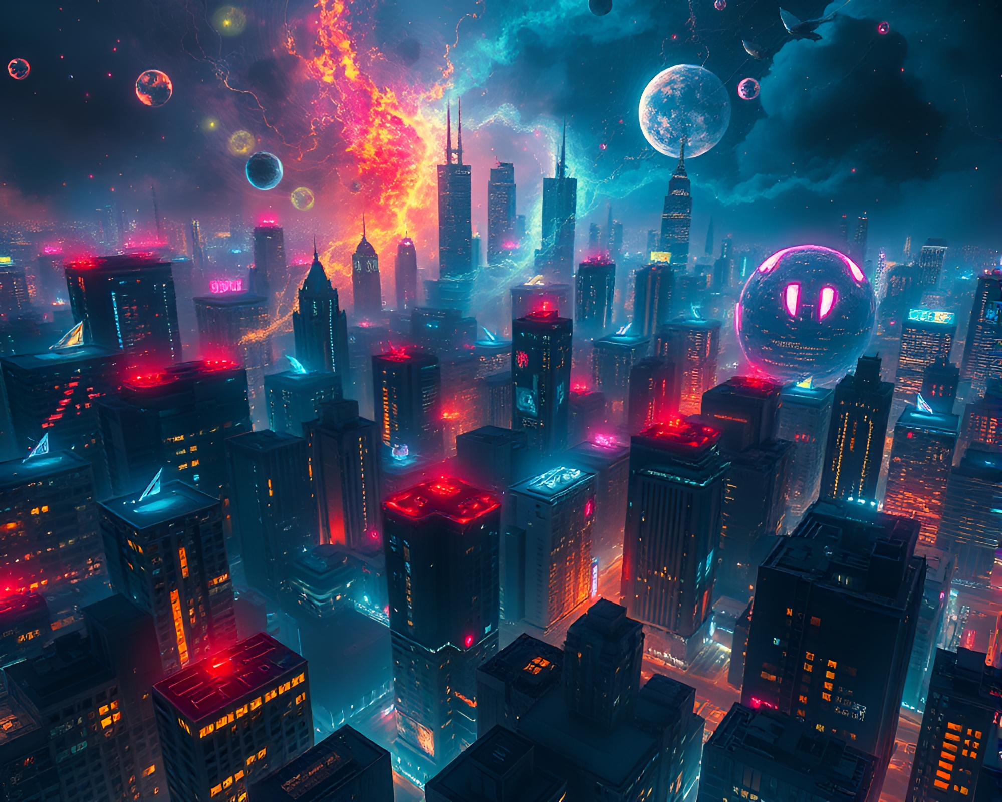 Ominous Bioluminescent Cityscape: Abstract Nighttime Glow – free AI stock image