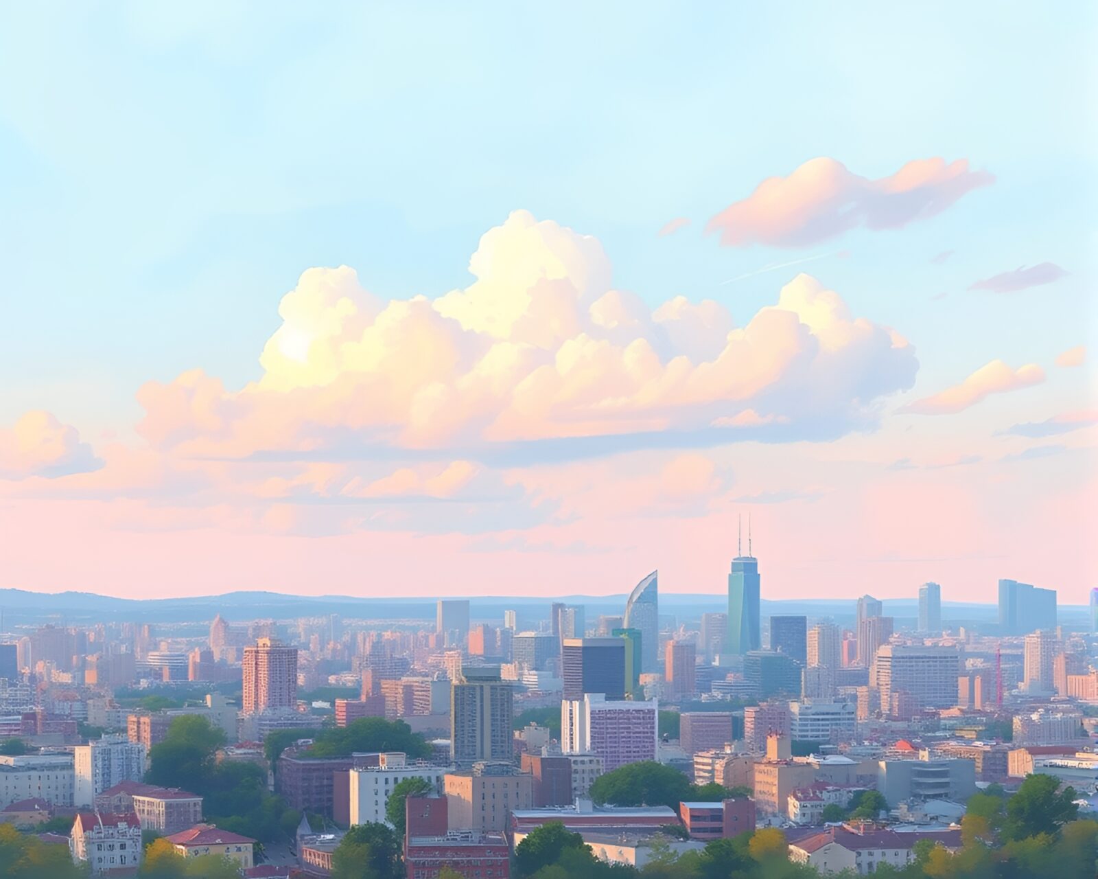 Wistful gouache illustration of a pastel sky over city