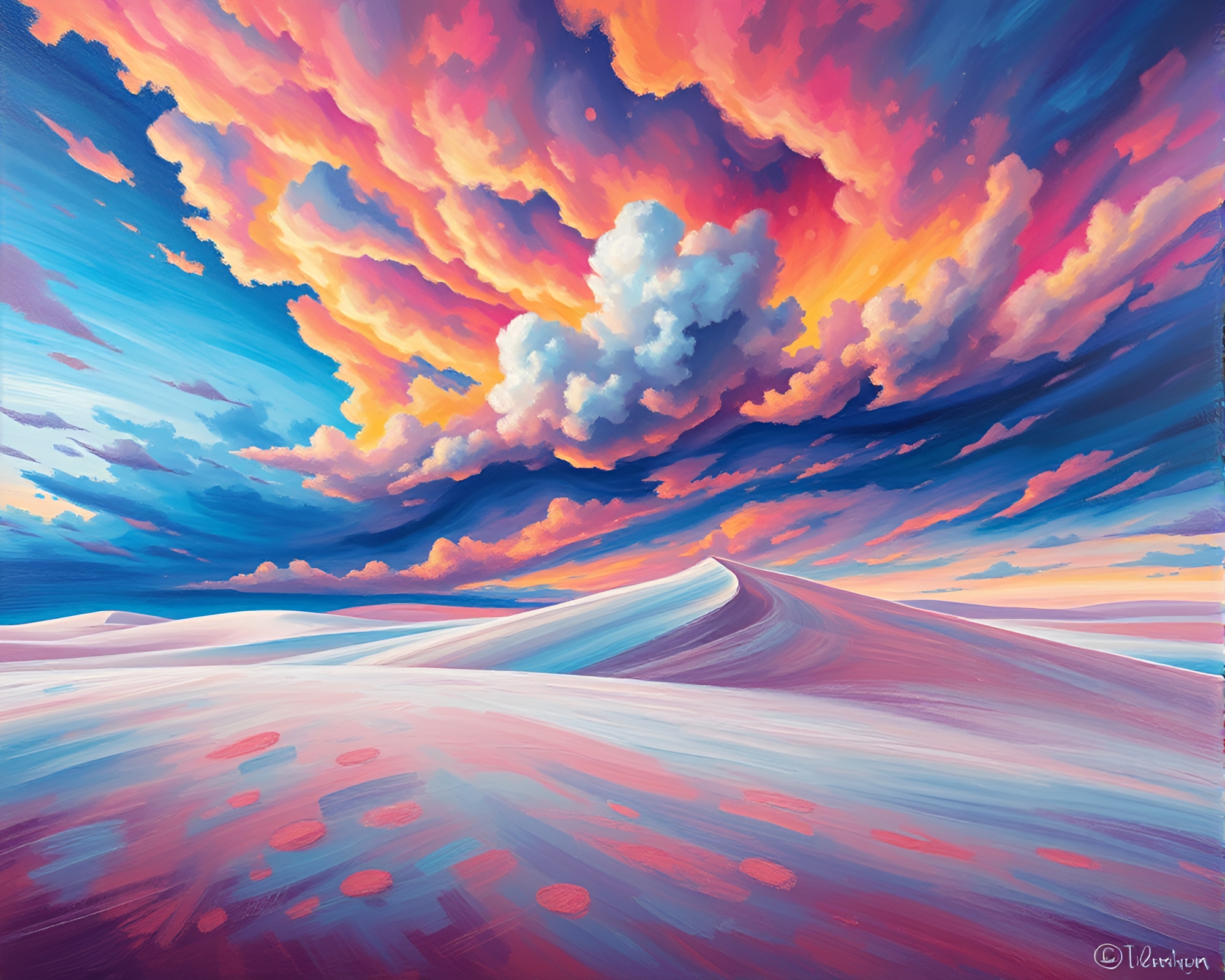 Vibrant Coral Sand Dunes Under Electrifying Sky Painting – free AI stock image