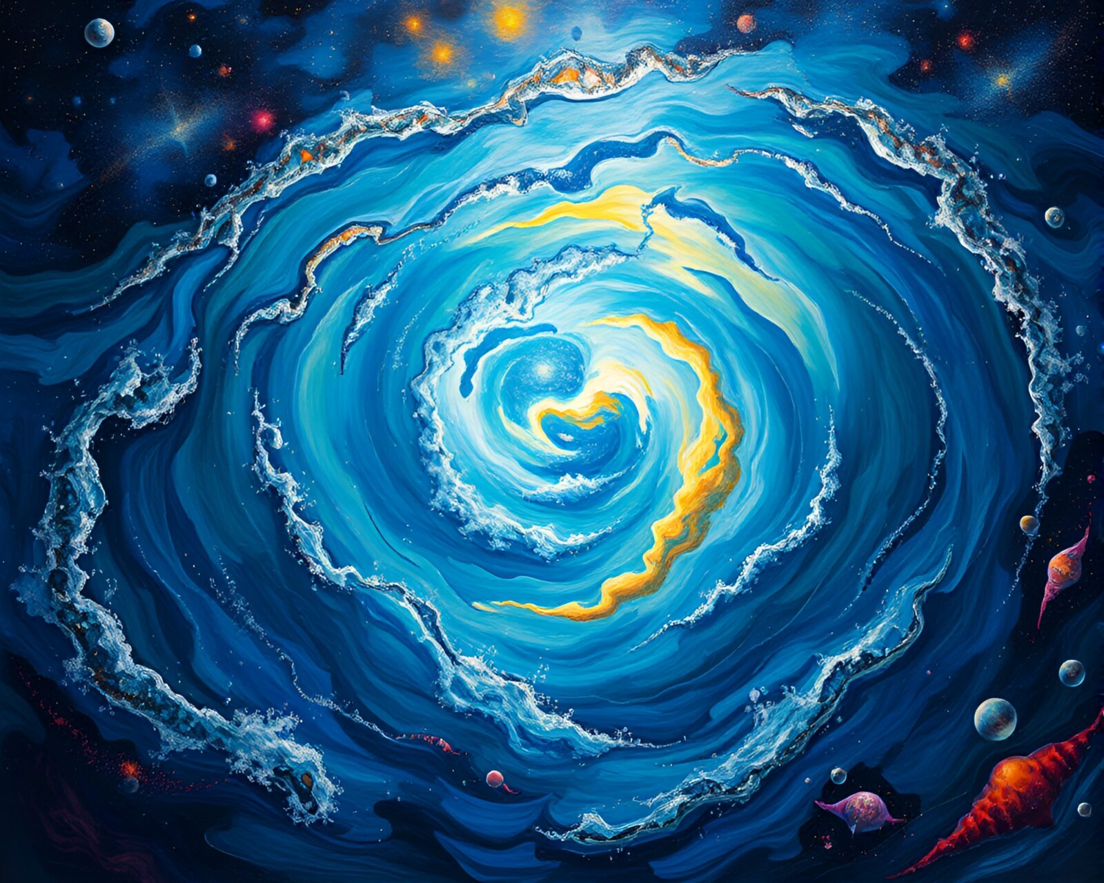 Colorful abstract acrylic painting of cosmic underwater world