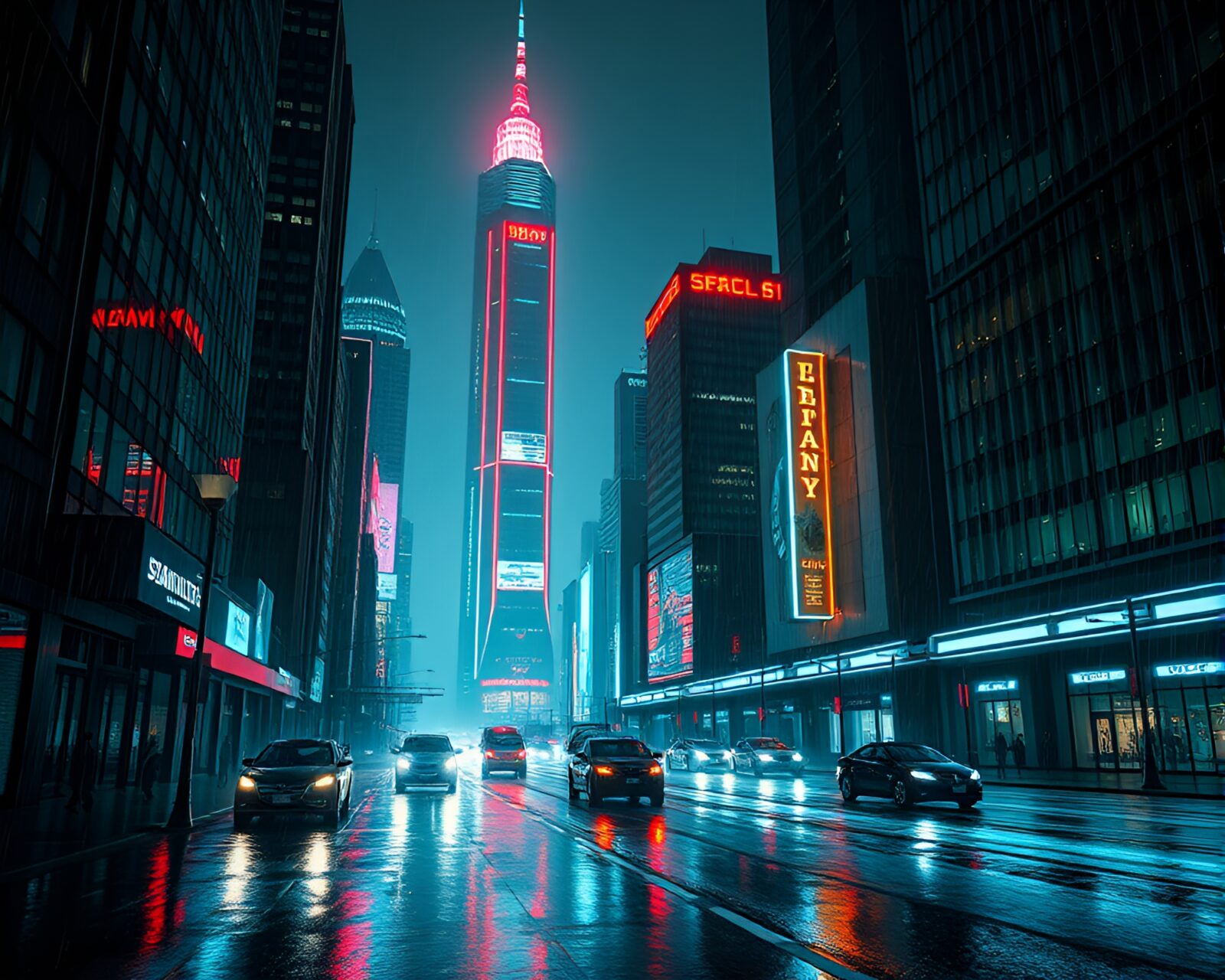 Rainy streets reflect neon lights in noir film setting