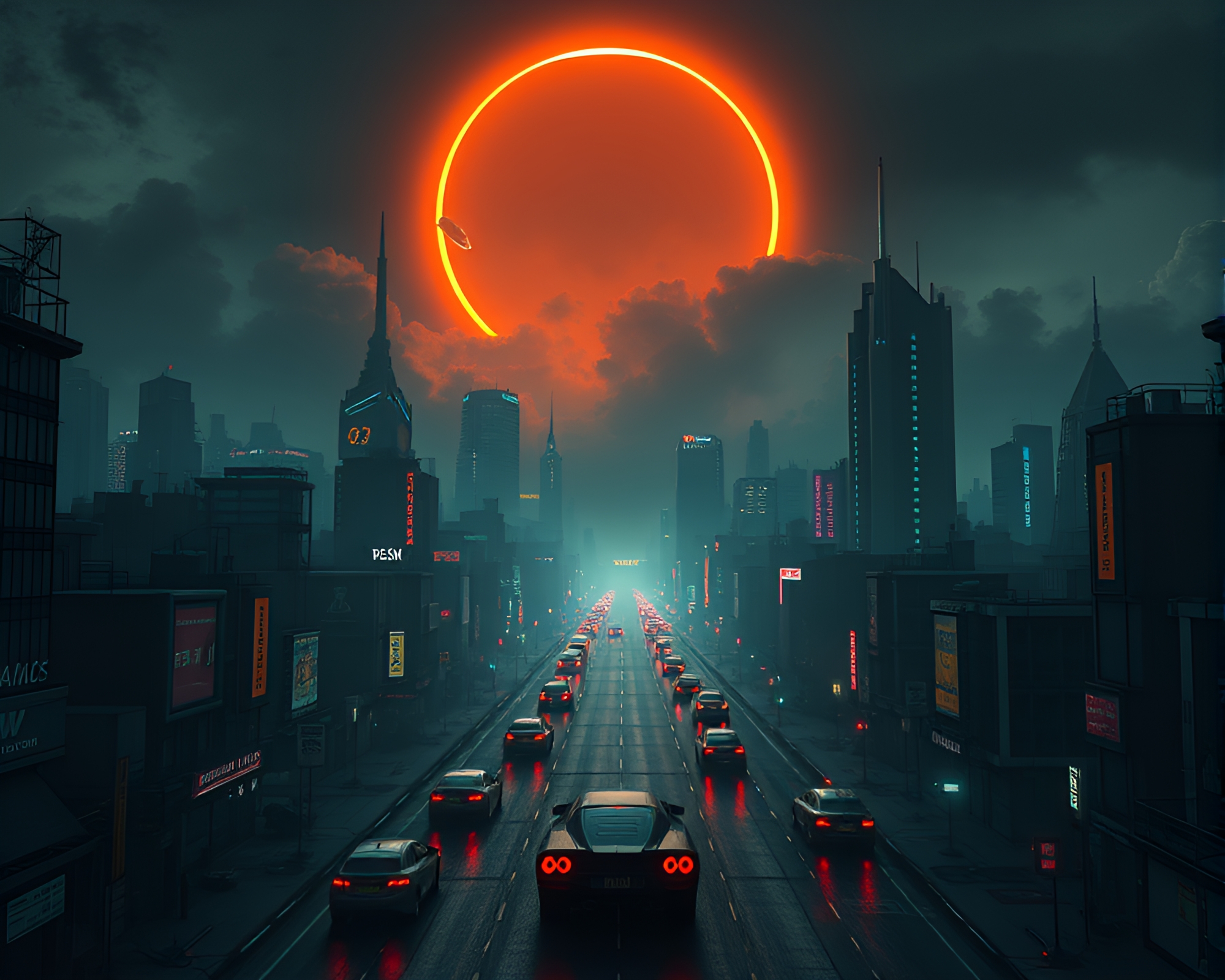 Eerie Cyberpunk Cityscape During Solar Eclipse – free AI stock image
